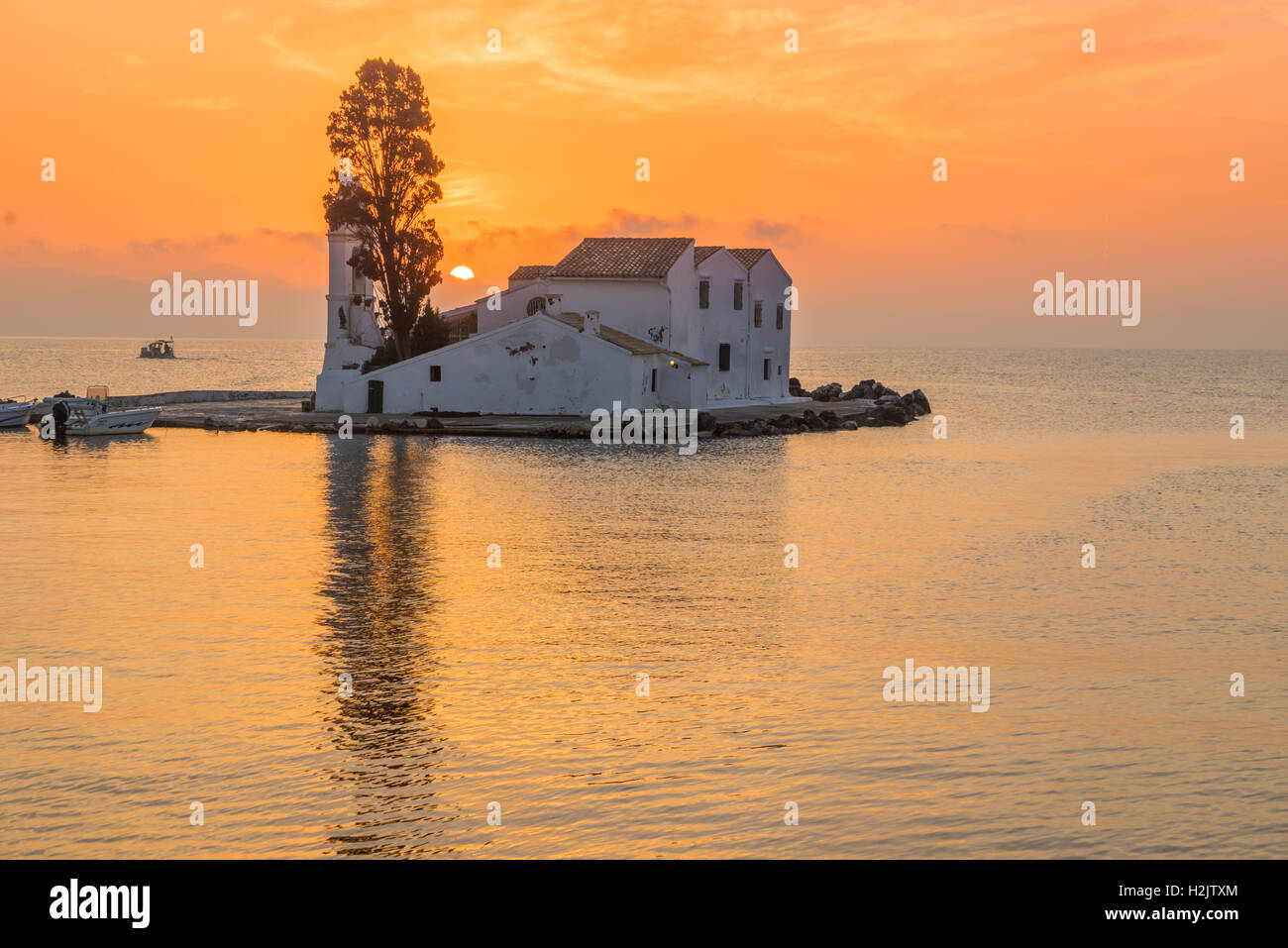 scene of Vlacherna monastery, Kanoni, Corfu, Greece Stock Photo