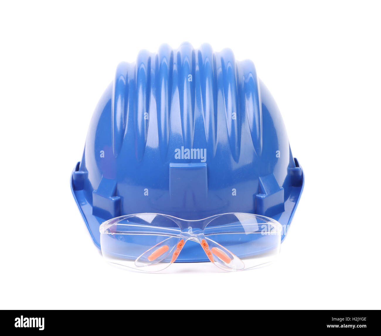 Hard hat with a pair of safety glasses Stock Photo Alamy