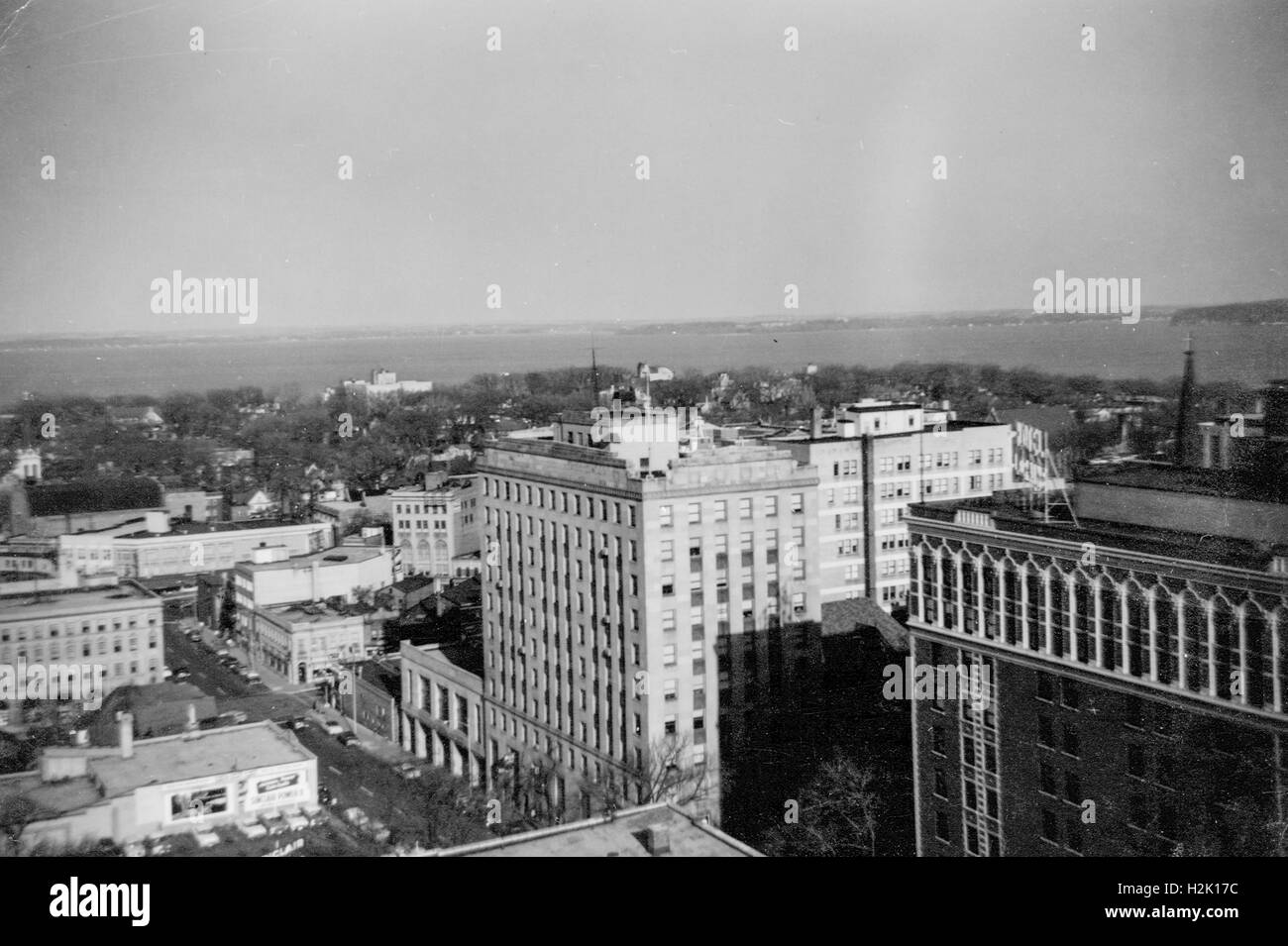 Unknown City, United States - January 01, 1939:  Vintage photograph showing an aerial view of an unidentified American city, 1939 Stock Photo
