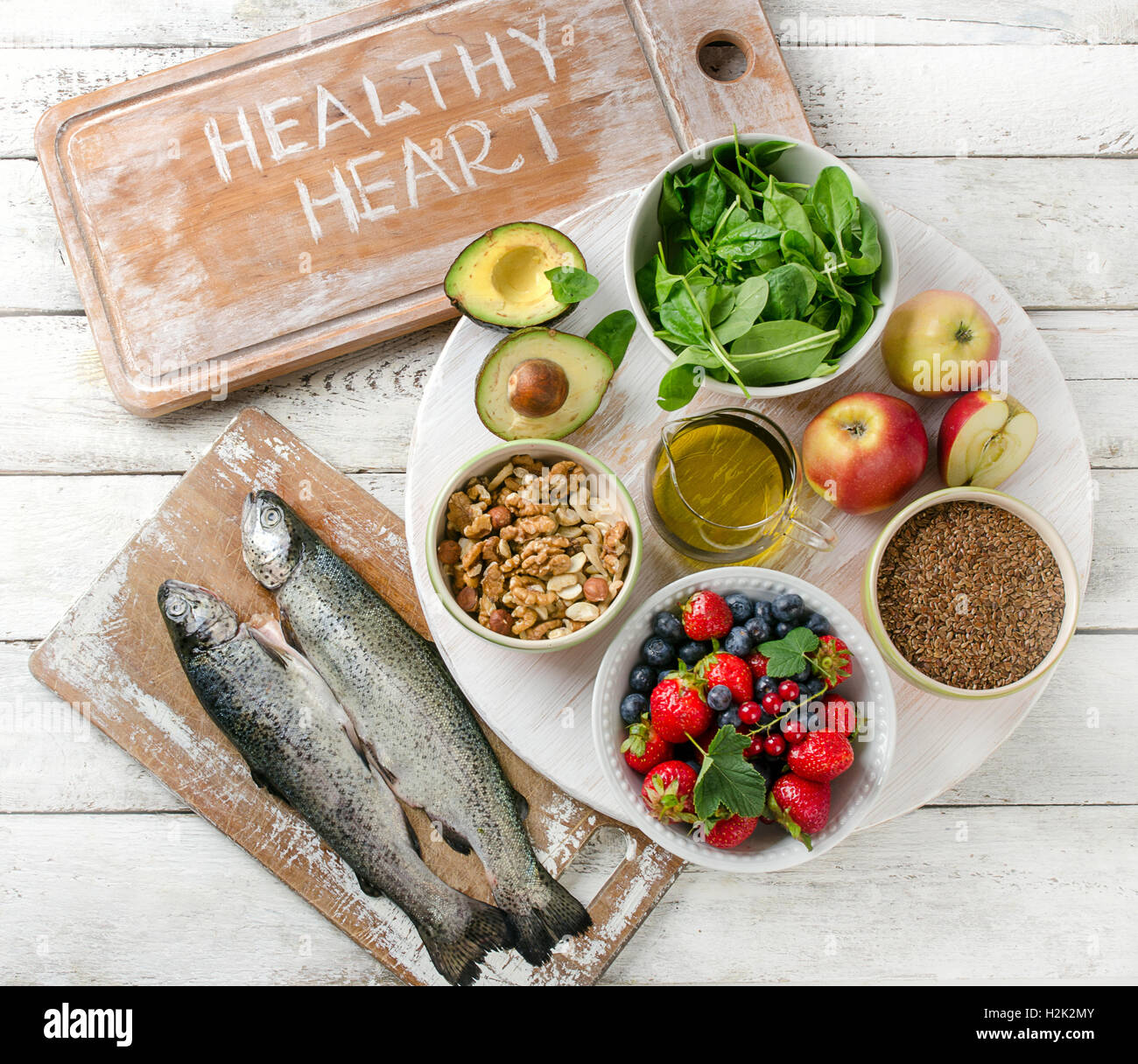 Food for healthy Heart. Heart-healthy diet.Top view Stock Photo
