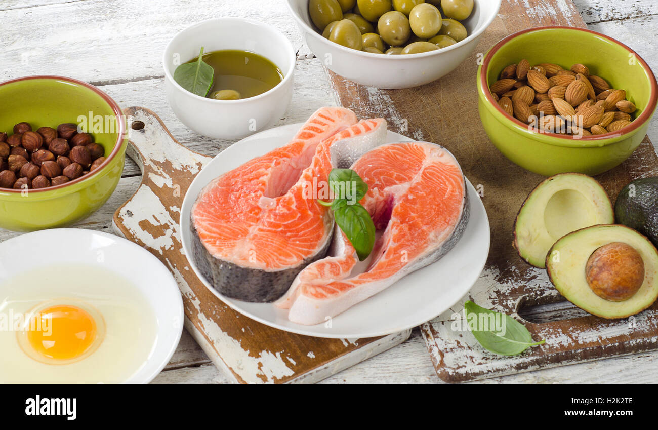 Food sources of unsaturated fats and Omega 3. Healthy eating concept. Stock Photo