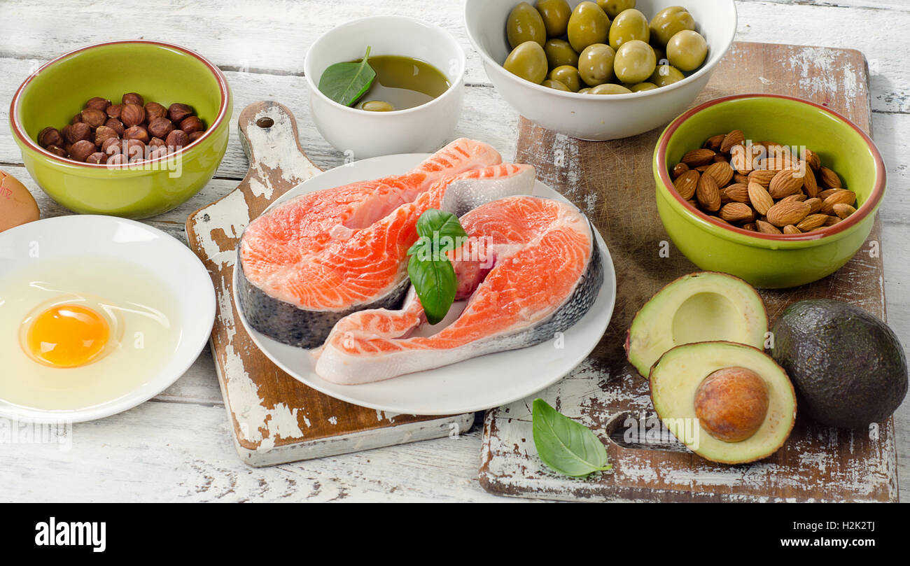 Food sources of unsaturated fats. Diet eating Stock Photo Alamy