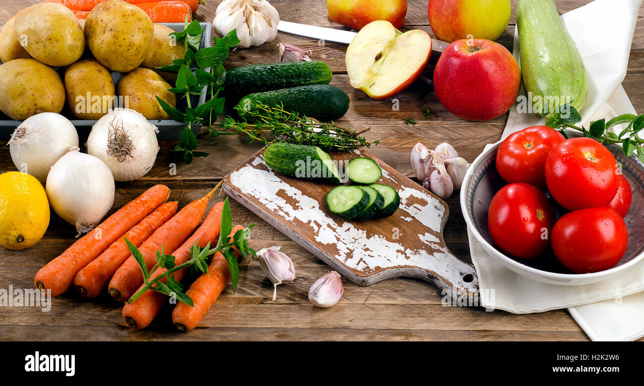 Fresh raw organic vegetables and fruits. Food background Stock Photo ...