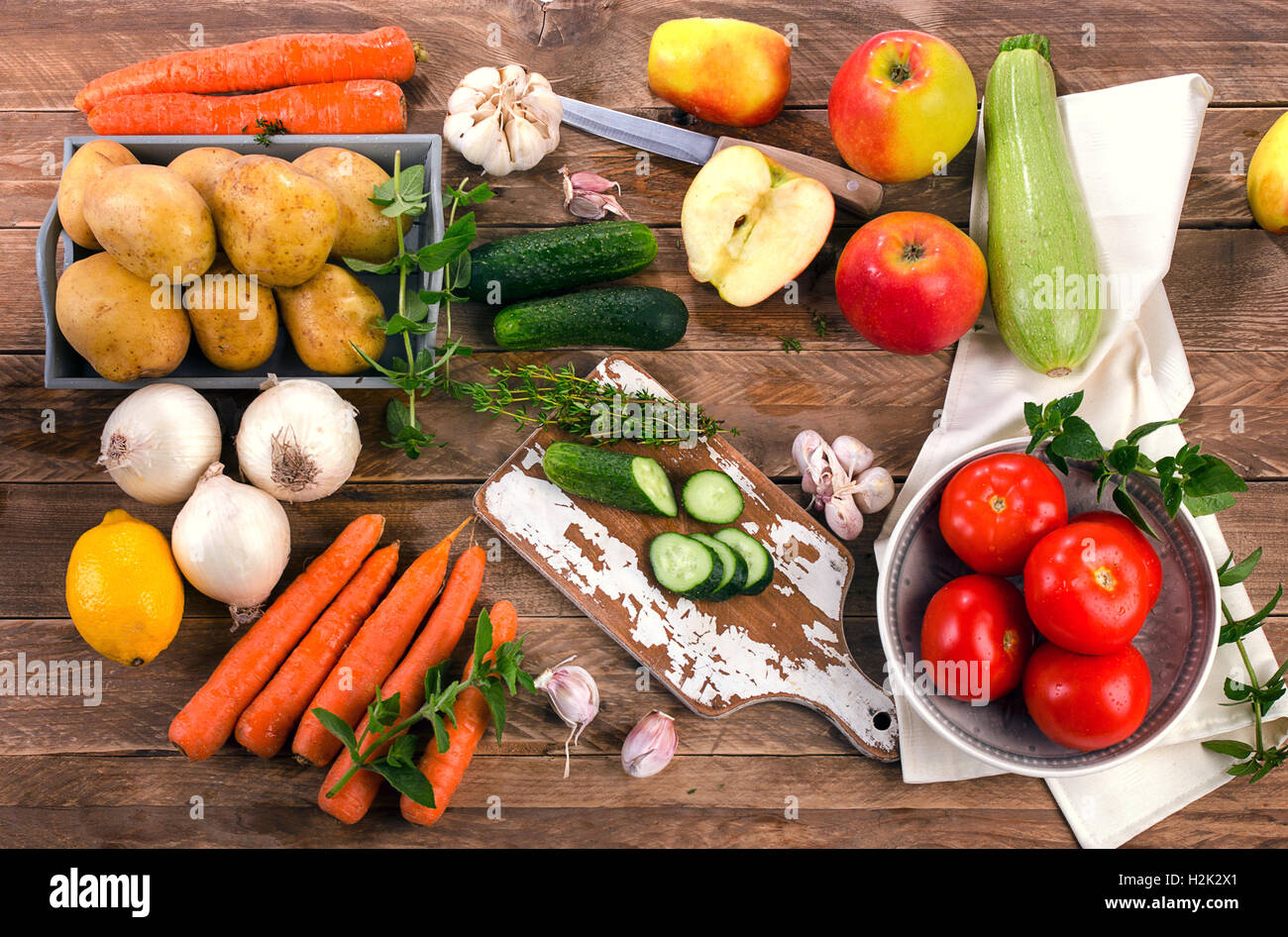 Fresh raw organic vegetables and fruits. Healthy Food background. Top ...