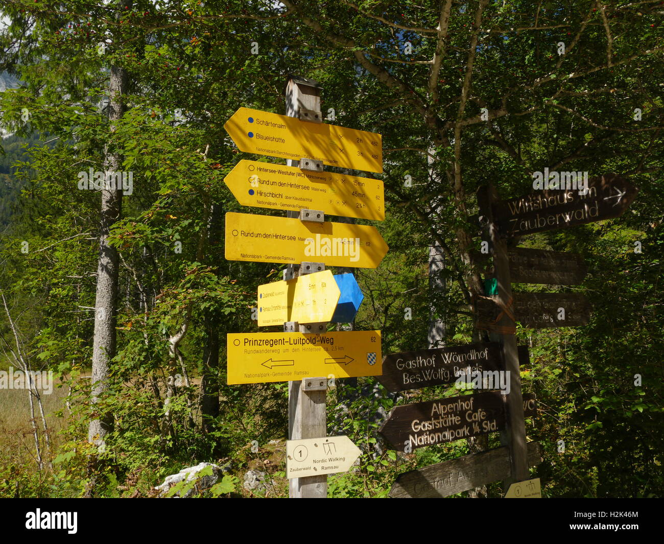 Bavaria Berchtesgaden National Park Ramsau Nature Learning Trial signs Europe Germany Stock Photo