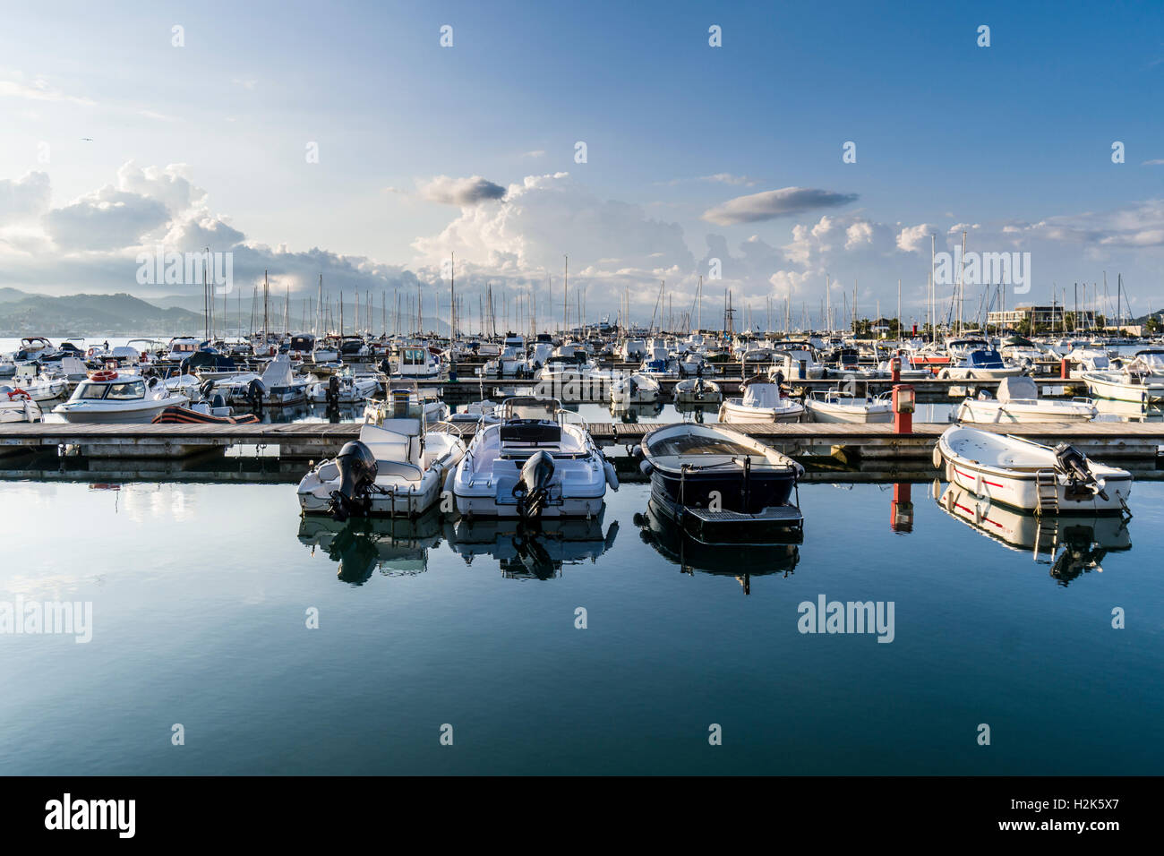 Sailing and motor boats anchored in the harbour, La Spezia, Liguria, Italy Stock Photo