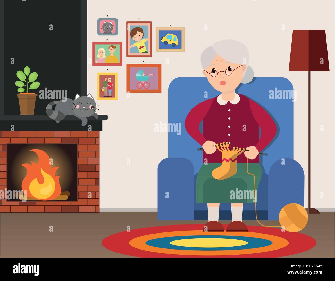 Grandma sits in an armchair and knits at home Stock Vector Image & Art ...