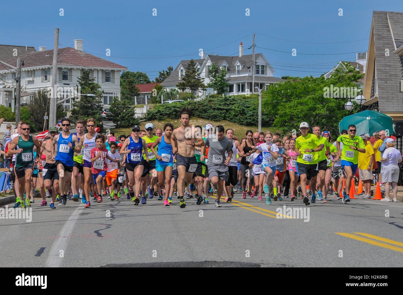 The start  of Flag Day 5K running race in Falmouth Massachusetts on Cape Cod Stock Photo