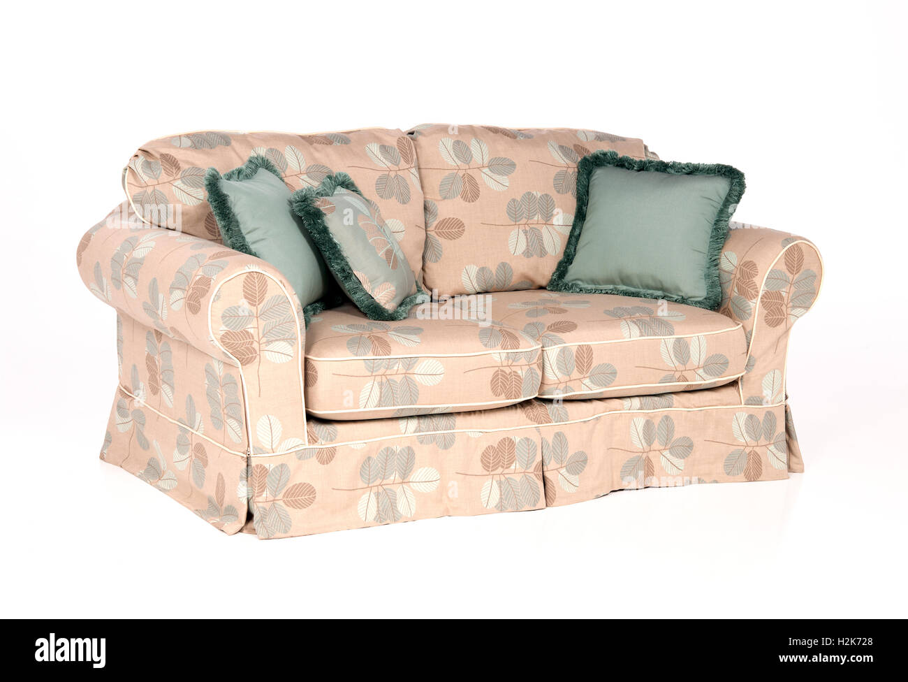 Indoor sofa for inside, pillows in cushions on white background Stock