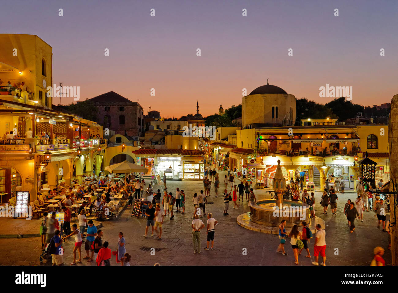 Twilight at Hippocrates (Ipokratous) Square, at Rhodes Old Town, Island of Rhodes, Dodecanese Islands, Greece. Stock Photo