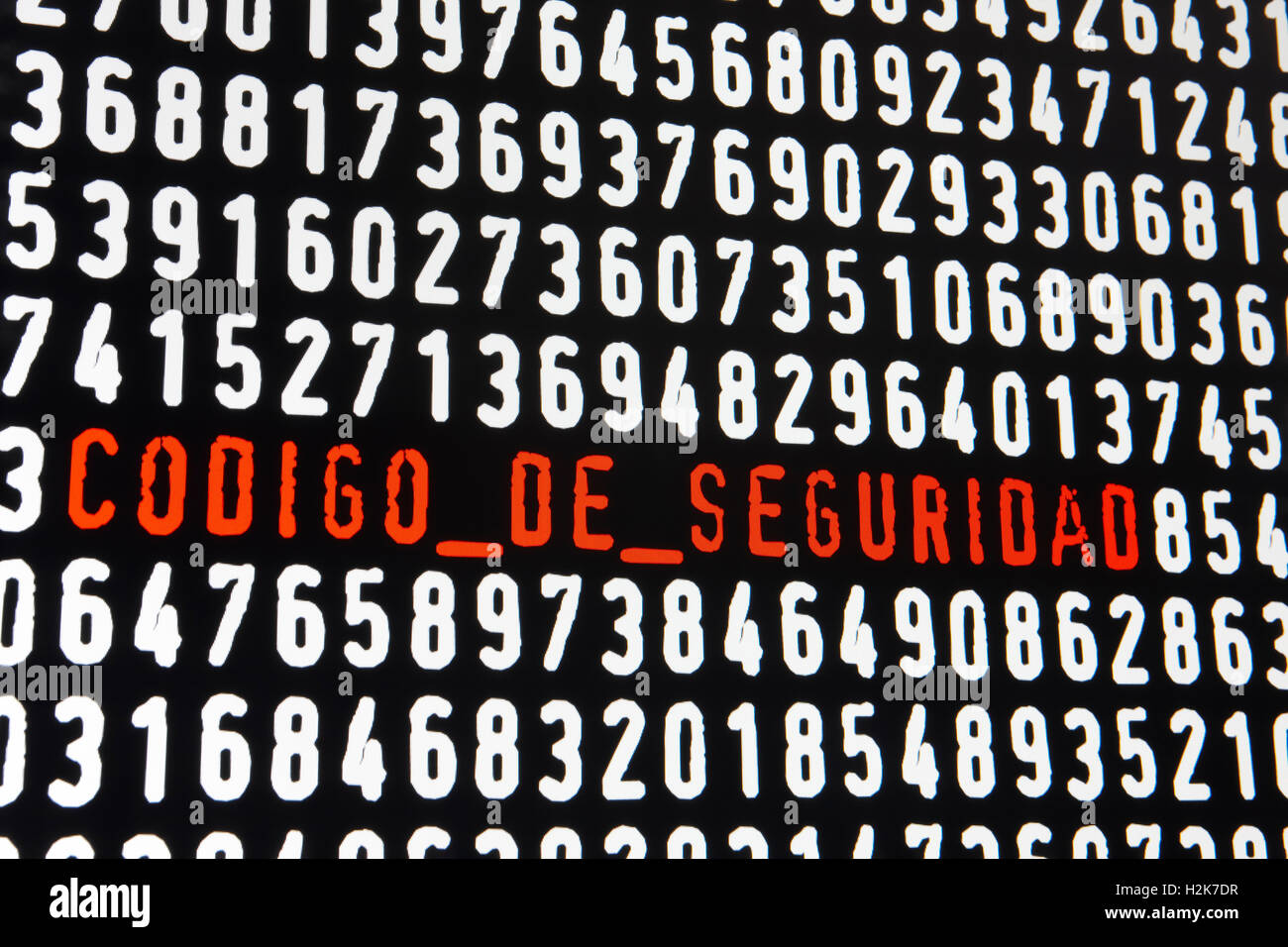 Computer screen with codigo de seguridad text on black background. Horizontal Stock Photo