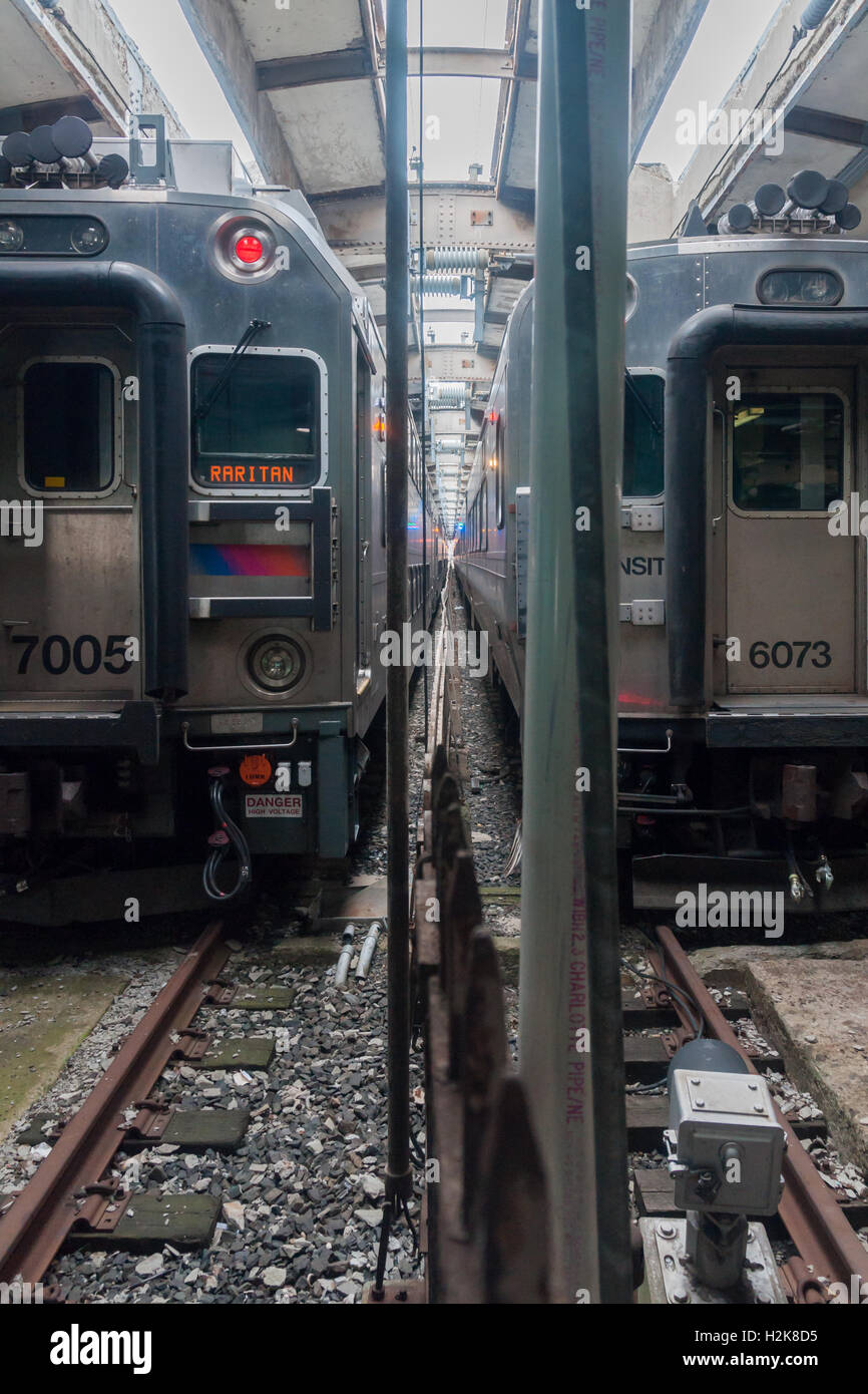 New Jersey Transit commuter trains at the rail and ferry terminal in