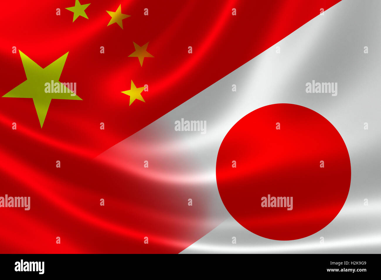 3D rendering of a merged Chinese-Japanese flag on silky satin. Concept of the mutually influential relations between the two cou Stock Photo