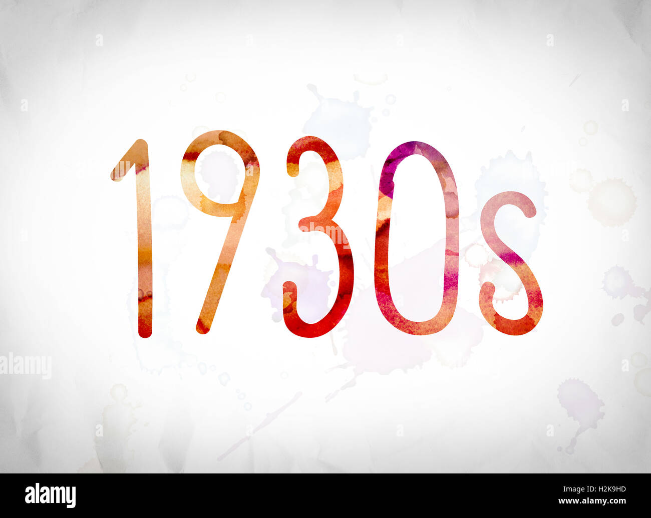 The word '1930s' written in watercolor washes over a white paper background concept and theme. Stock Photo