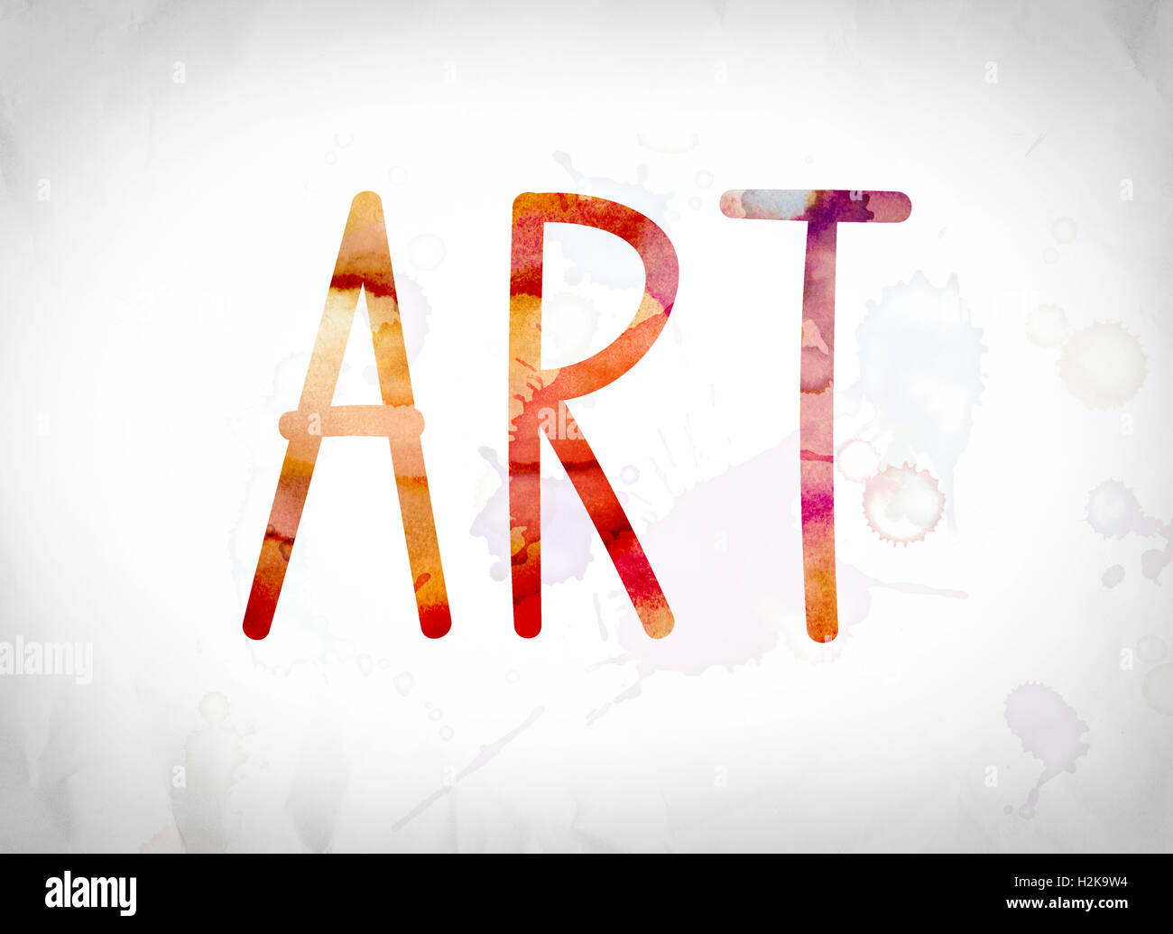 The word "Art" written in watercolor washes over a white paper background concept and theme. Stock Photo