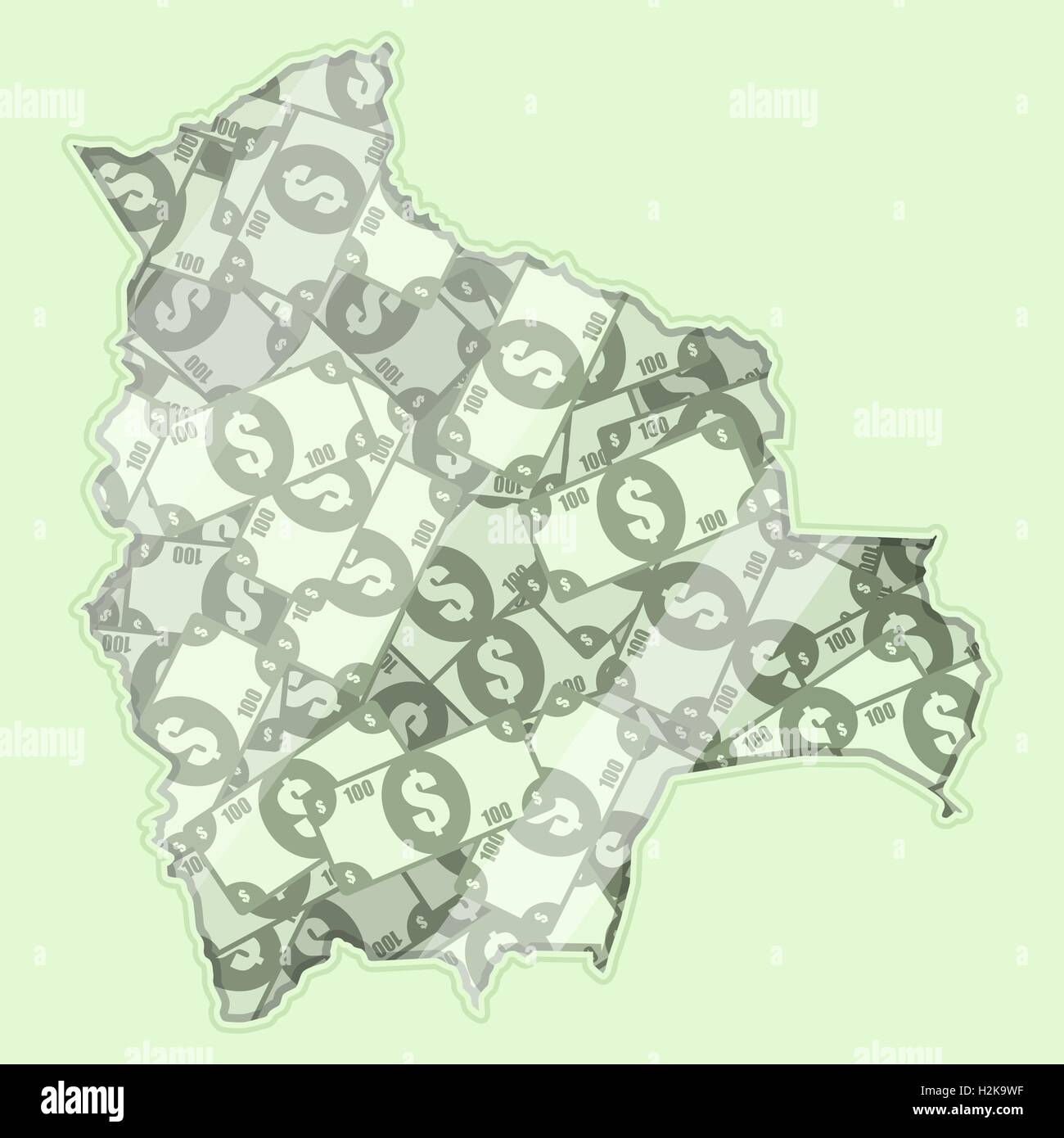 Map Bolivia covered in money, bank notes of one hundred dollars. On the map there is glass reflection. Conceptual. Stock Vector