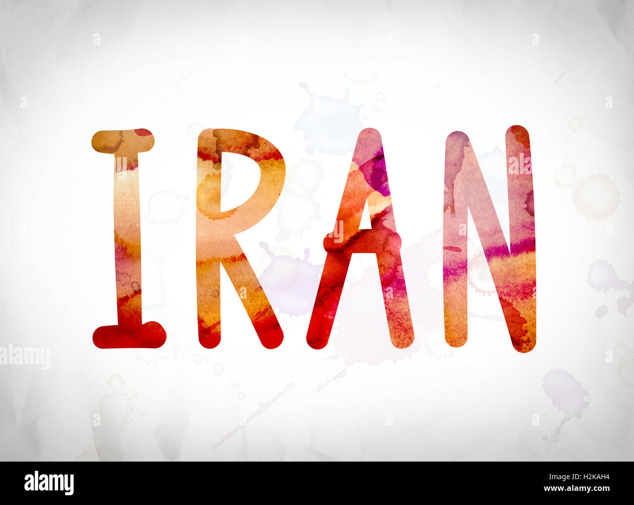 The word "Iran" written in watercolor washes over a white paper