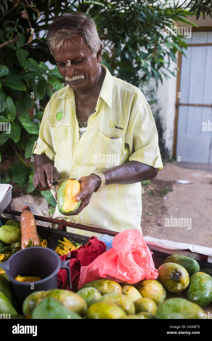 A street vendor sells sliced mango in the old Dutch fort of Galle, Sri
