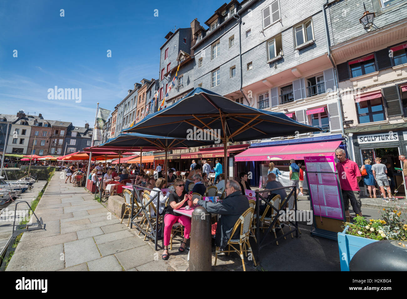 Outdoor restaurants in harbor, Honfleur, Normandy, France, Europe Stock ...