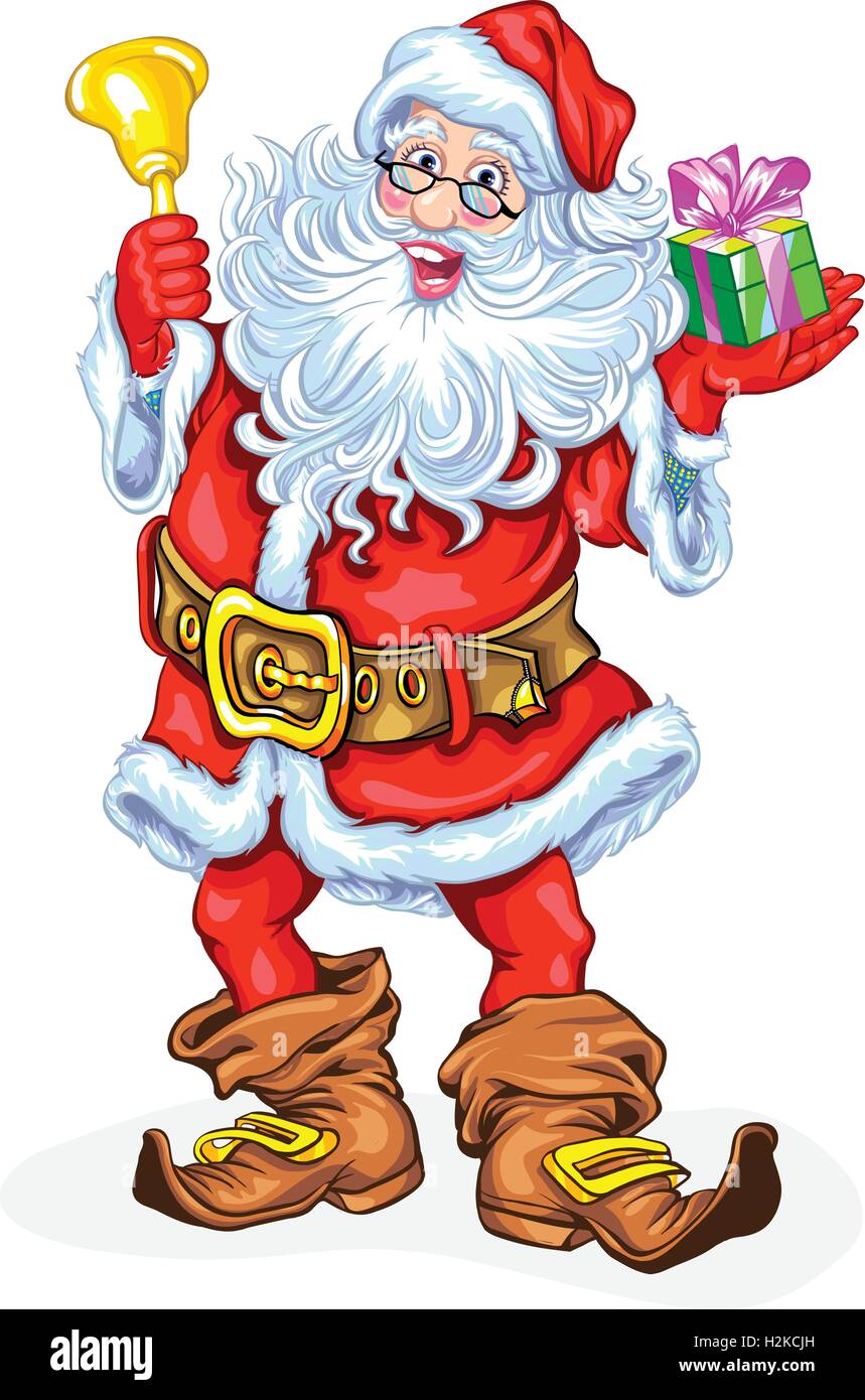 Santa Claus with a bell and a gift in a box. Vector illustration Stock ...