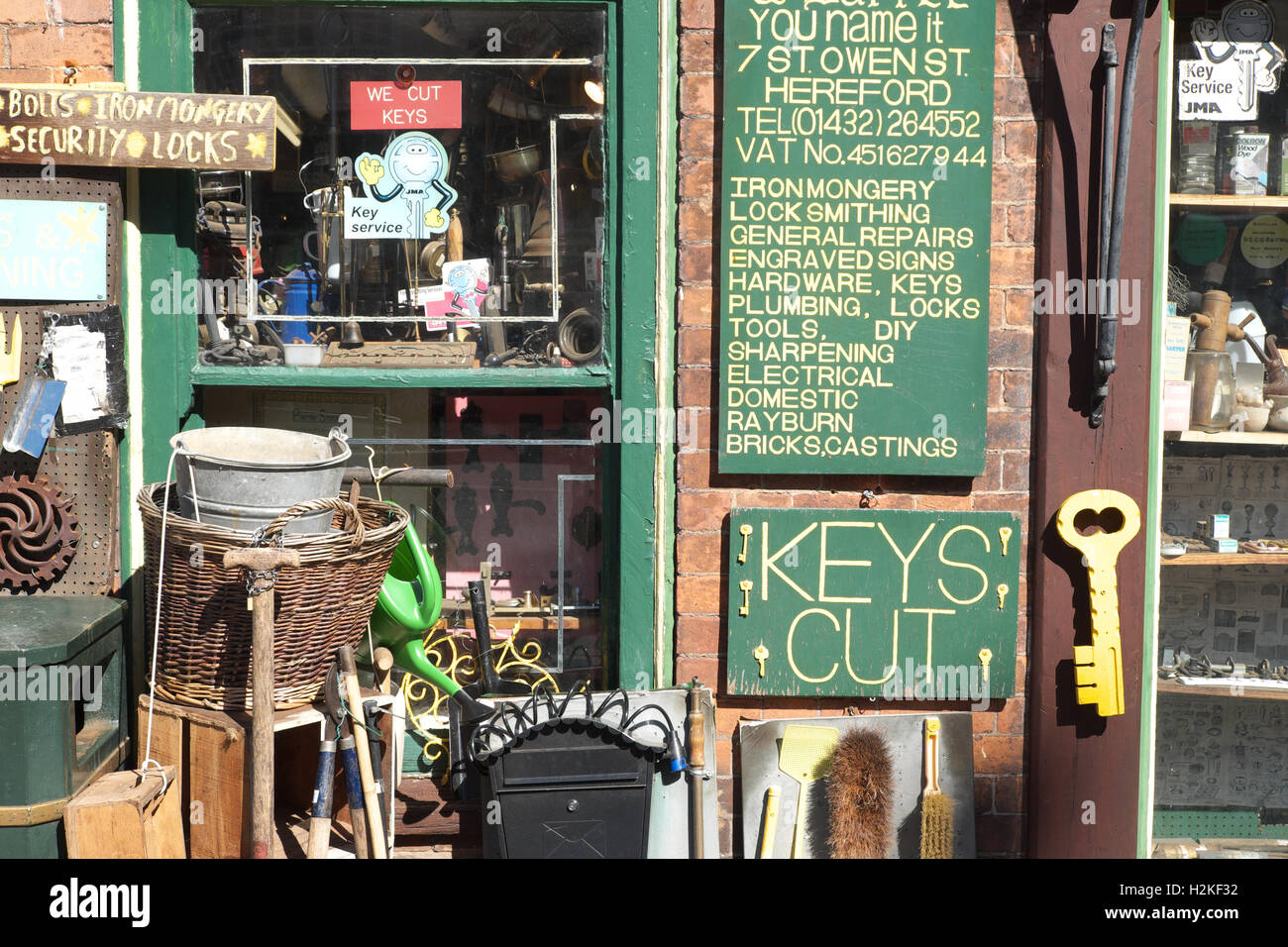 Hereford, UK - display outside an ironmongers shop in St Owen Street Hereford city centre Stock Photo