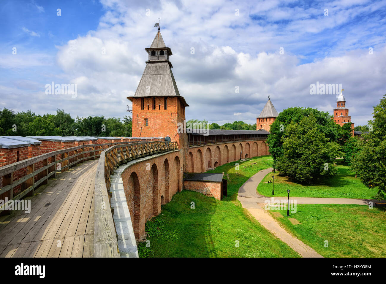 Old town walls and towers of Veliky Novgorod, one of the most important historic cities in Russia Stock Photo