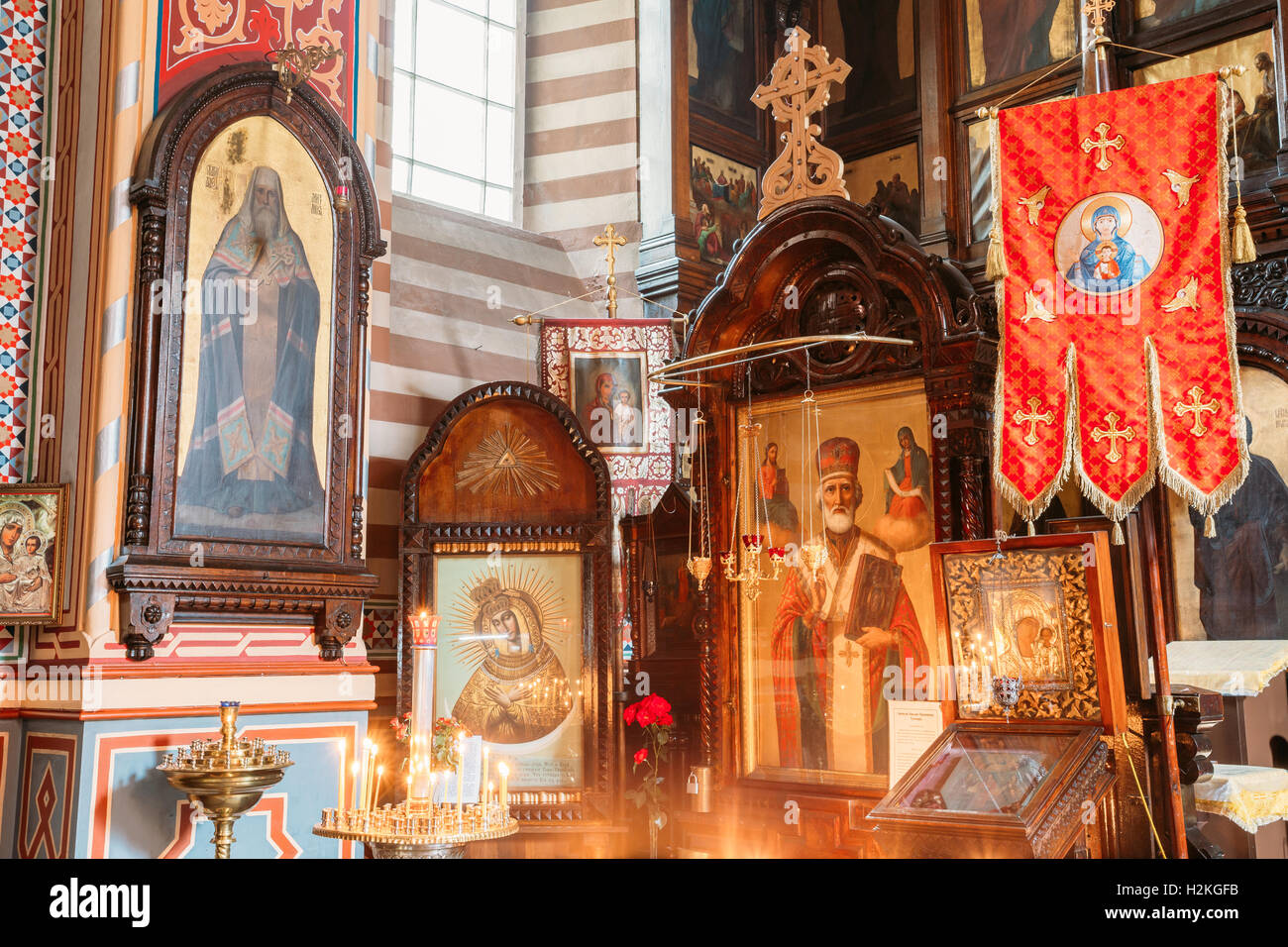 Vilnius, Lithuania - July 04, 2016: Close The Left Side Of Iconostasis In Christian Orthodox Church Of Saint Nicholas. Stock Photo