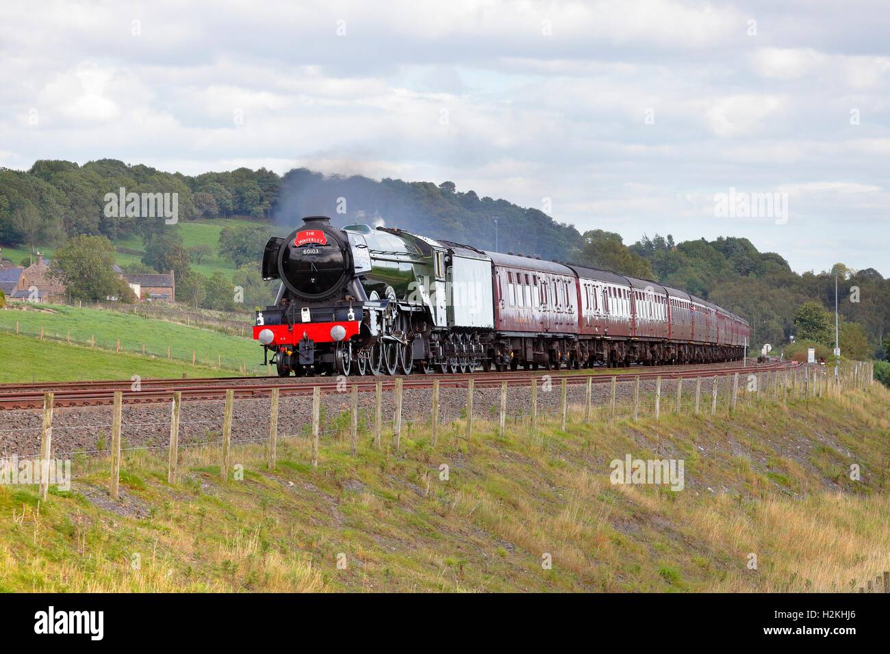 Flying Scotsman steam train. Whitchester, Haltwhistle, Newcastle & Carlisle Railway, Northumberland, England, United Kingdom. Stock Photo