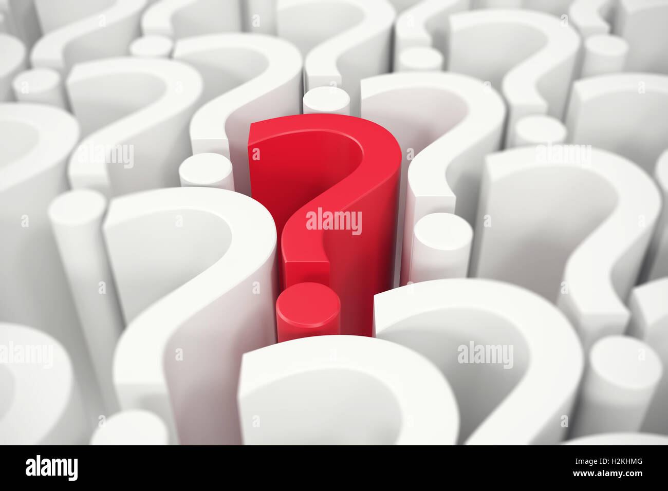 Red question mark in the center, questions the concept. 3d rendering Stock Photo