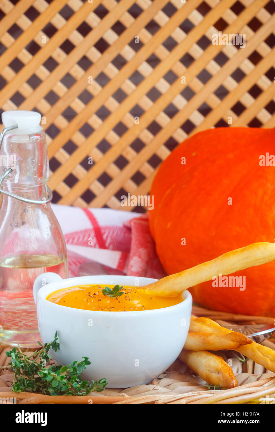 Pumpkin cream soup with thyme. Puree. Soft focus Stock Photo