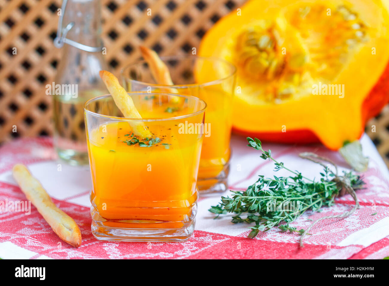 Pumpkin cream soup with thyme. Puree. Soft focus Stock Photo