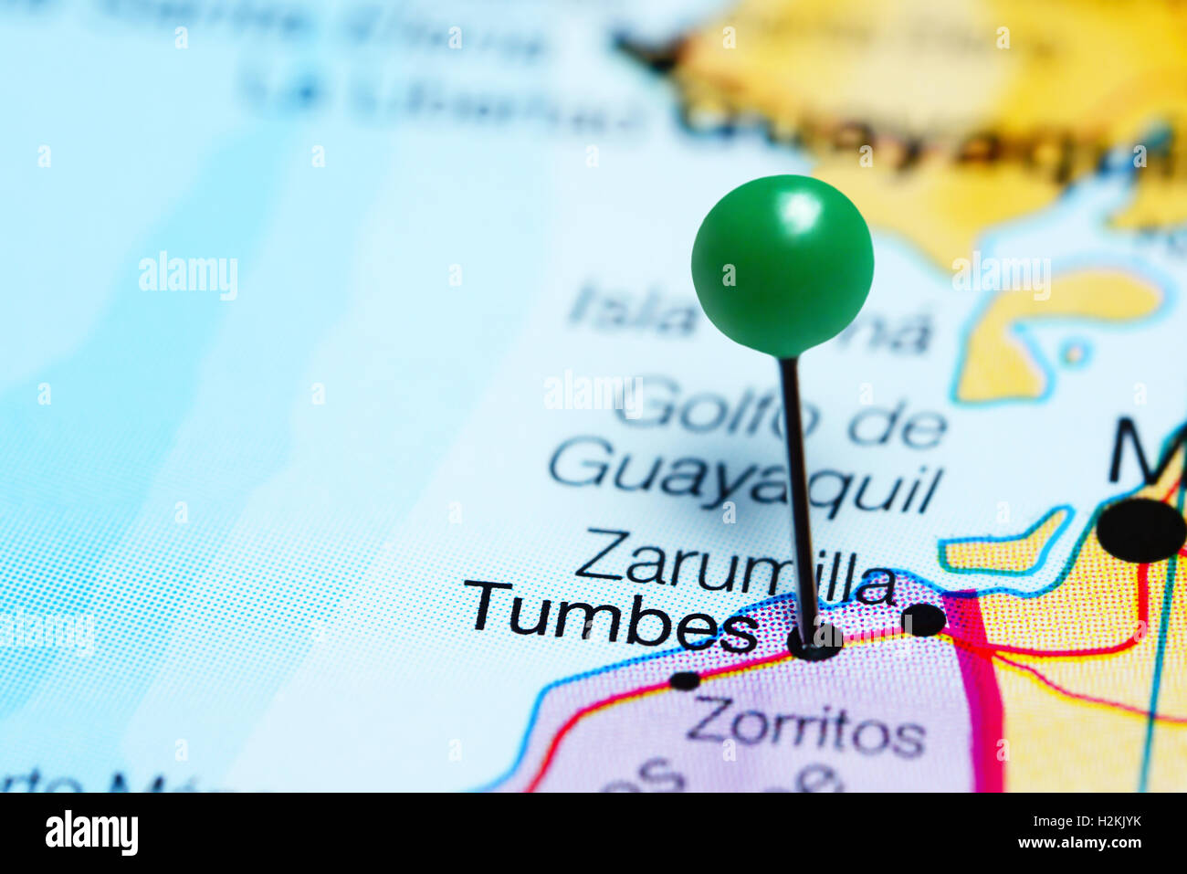 Tumbes pinned on a map of Peru Stock Photo