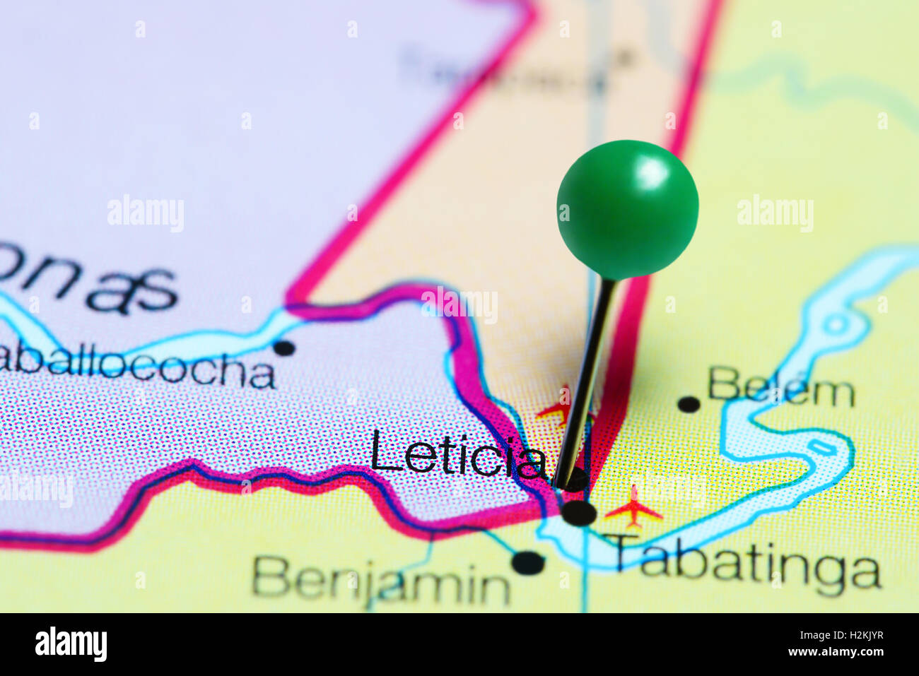 Leticia pinned on a map of Colombia Stock Photo