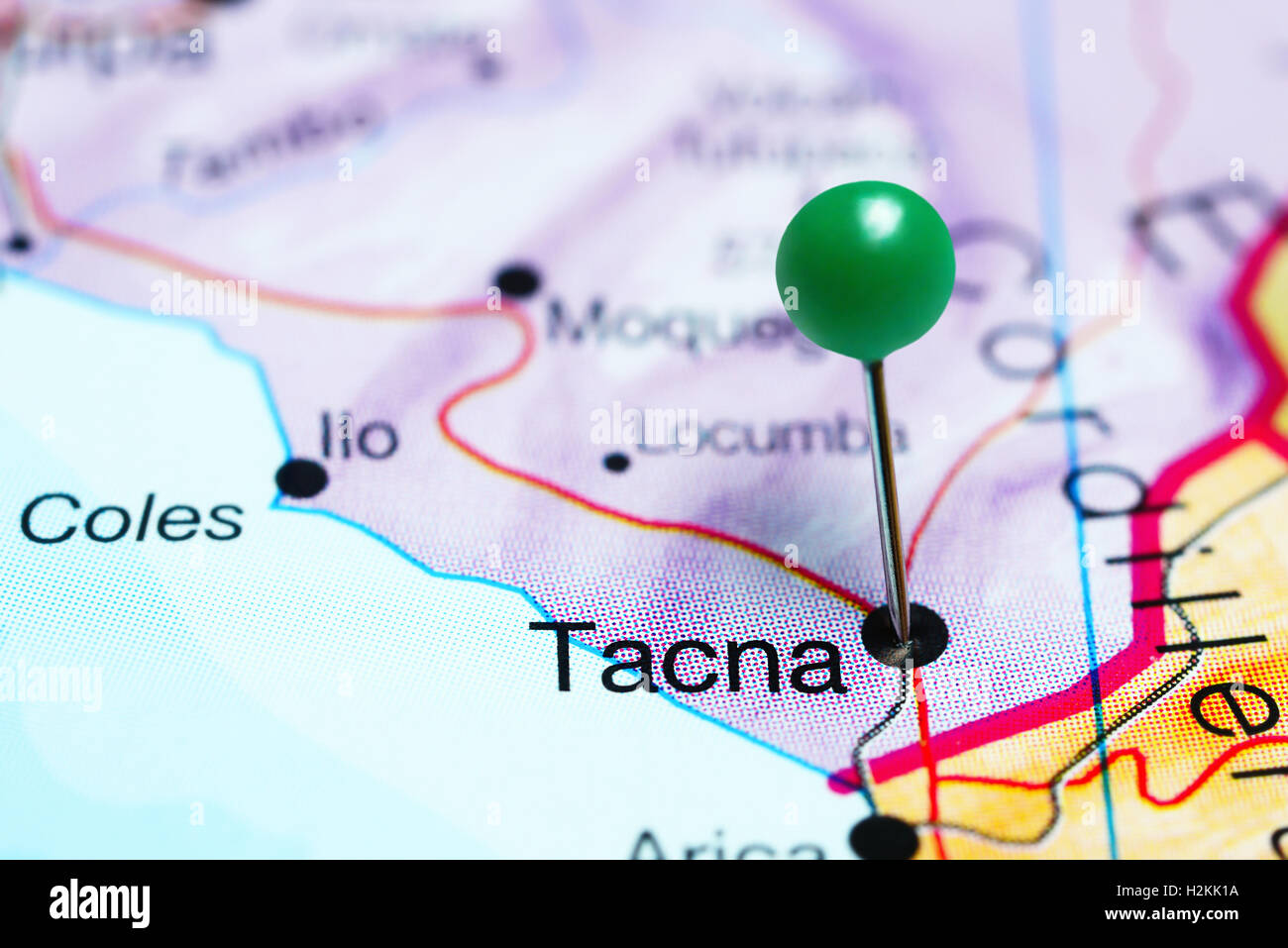 Tacna pinned on a map of Peru Stock Photo
