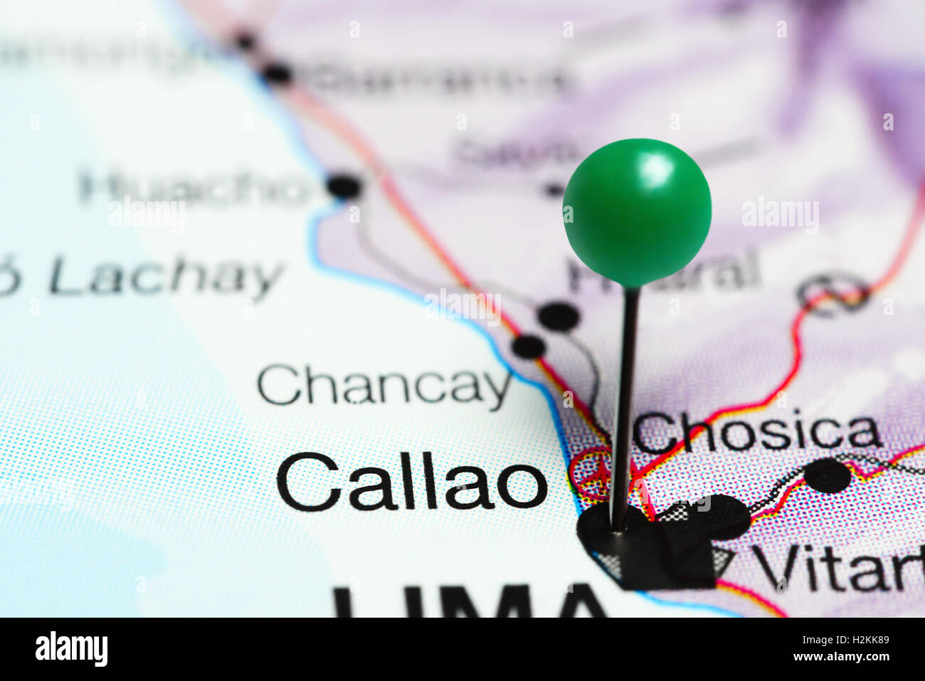 Callao pinned on a map of Peru Stock Photo