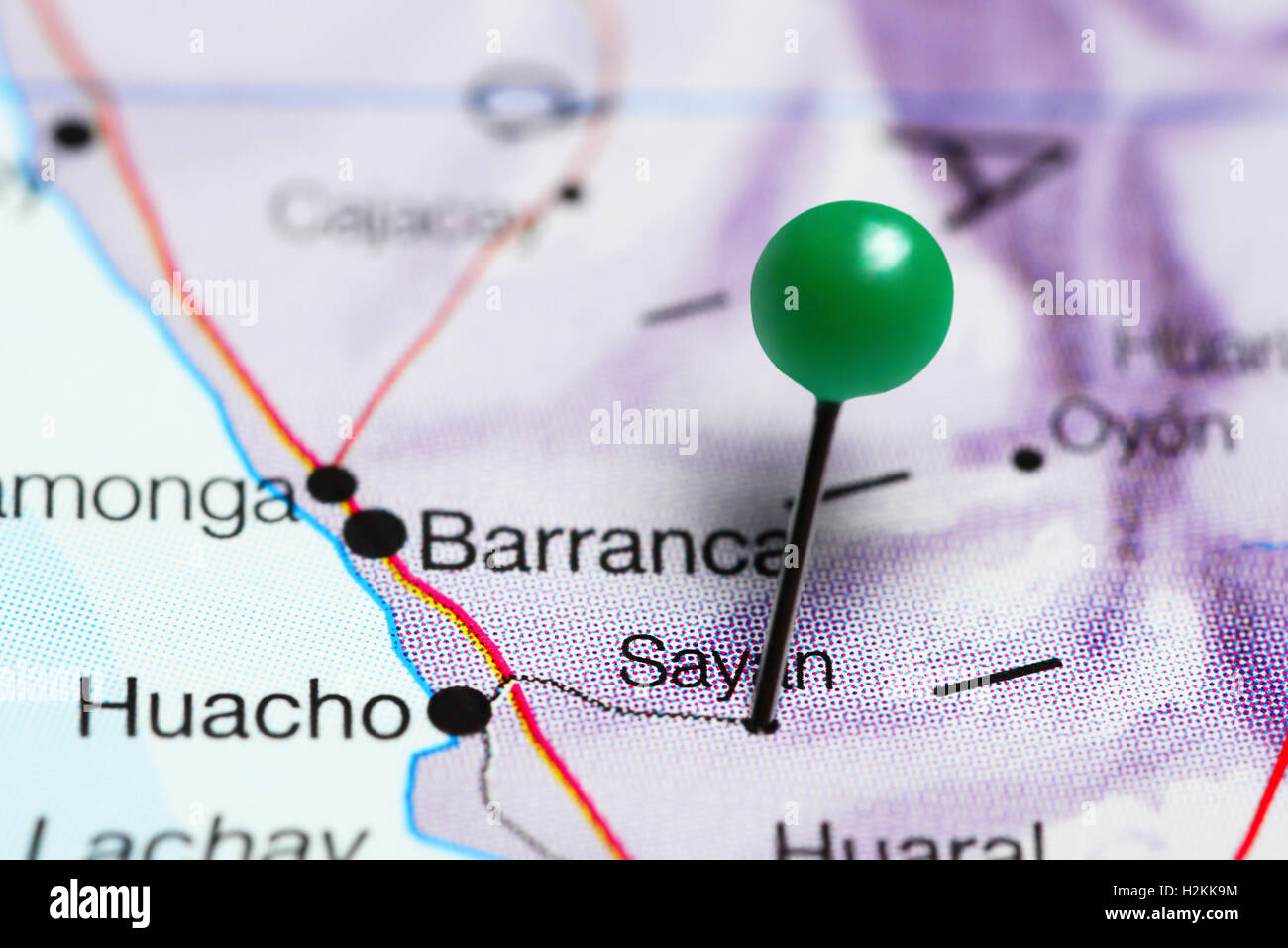 Sayan pinned on a map of Peru Stock Photo
