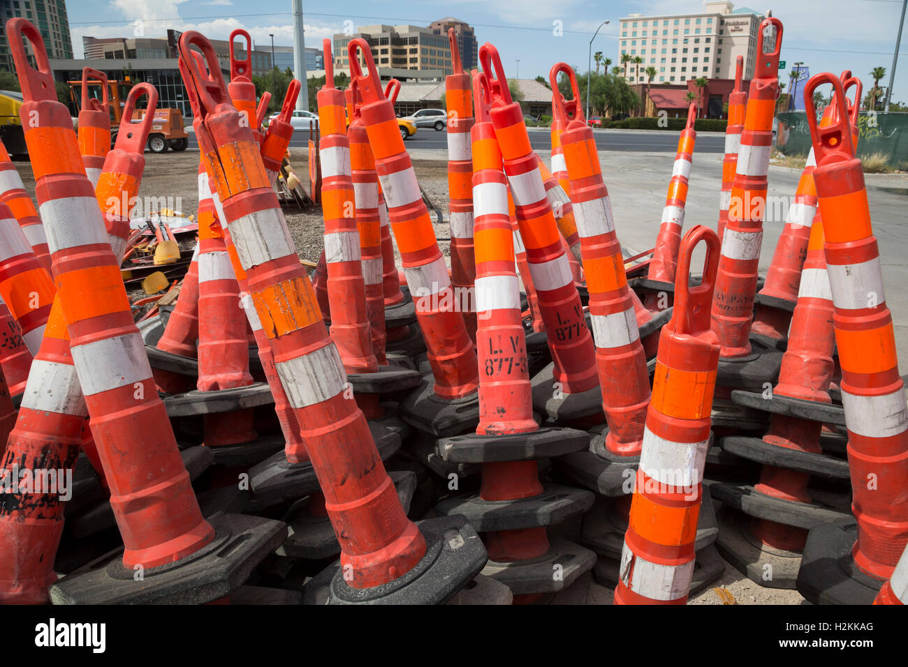 Las Vegas, Nevada - Traffic barriers stacked near a road construction site. Stock Photo