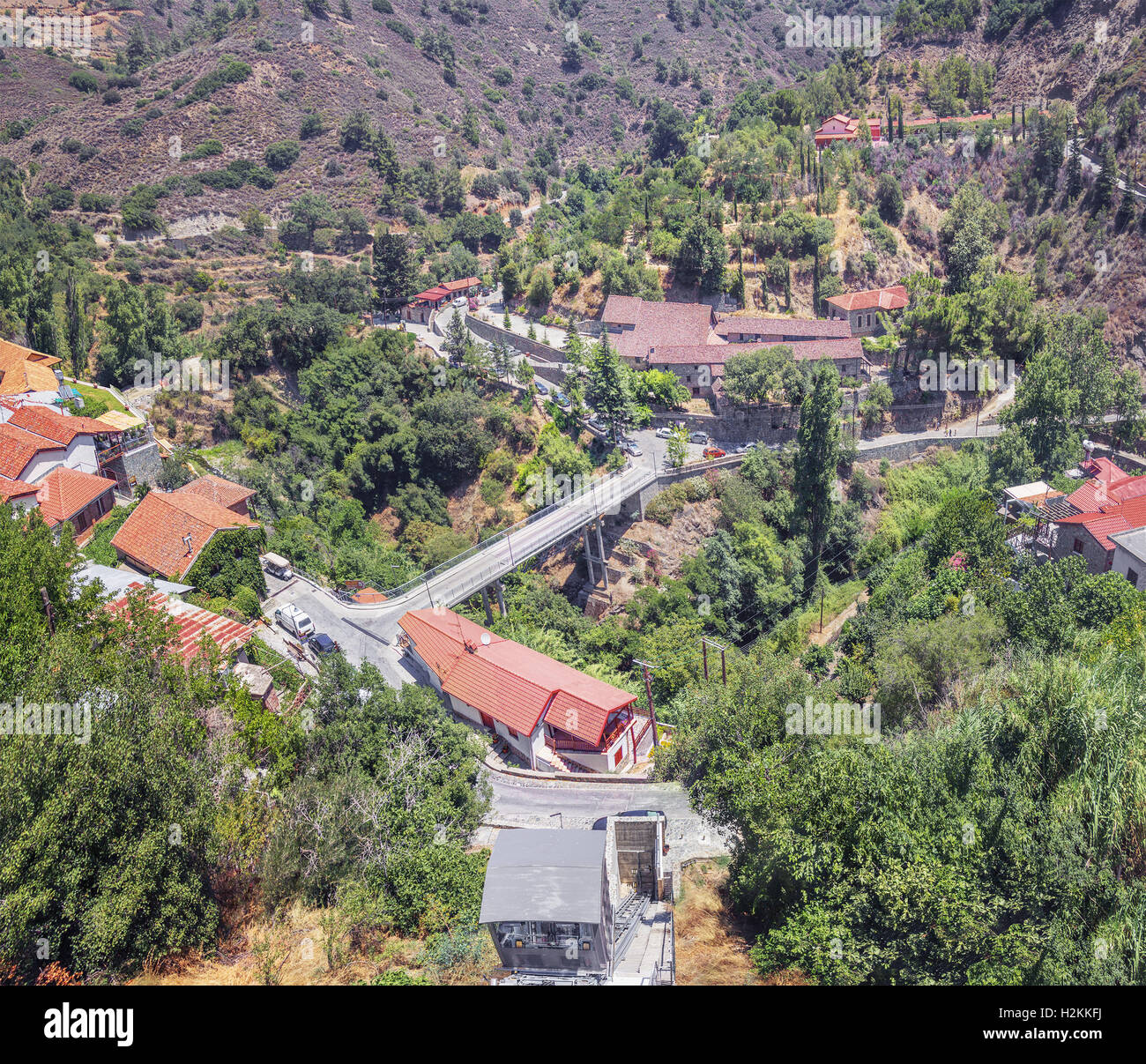 Panoramic view of the Monastery of St. John Lampadistis and Kalopanagiotis village. Cyprus Stock Photo