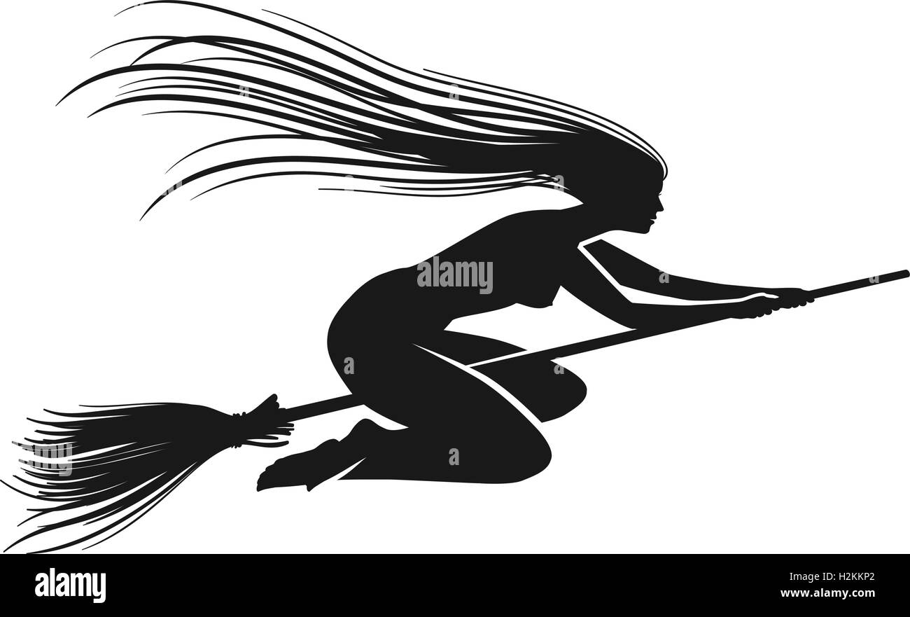 Witch on broomstick. Black silhouette. Vector Stock Vector
