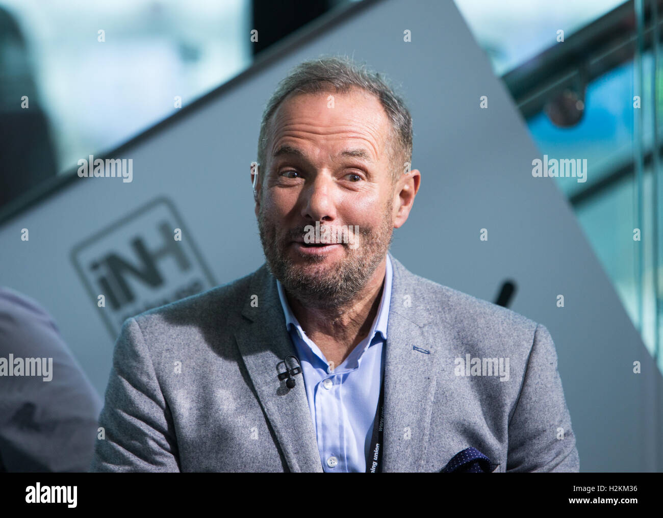 Derek Hatton being interviewed at the AAC arena in Liverpool during the