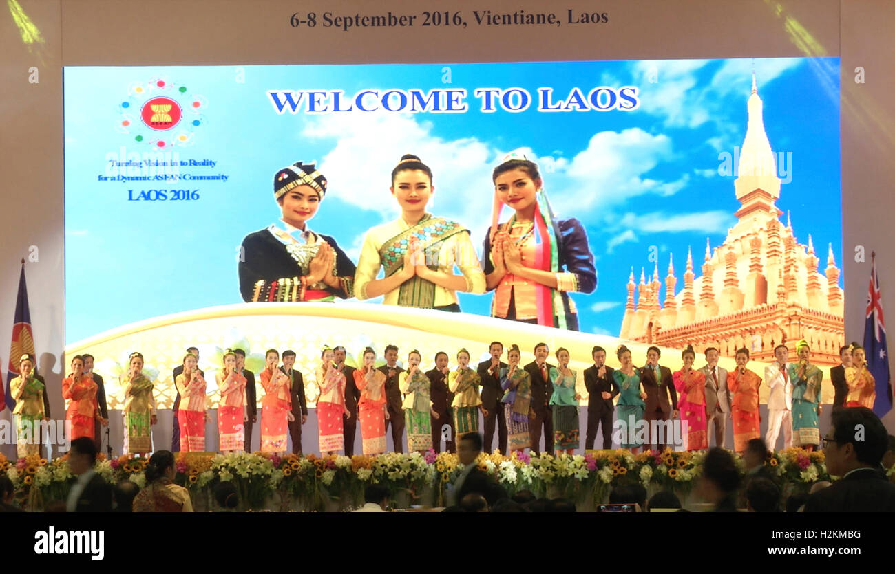 Dancers perform in a dinner event at the Association of Southeast Asian Nations (ASEAN) summit the Laotian capital Vientiane. Stock Photo