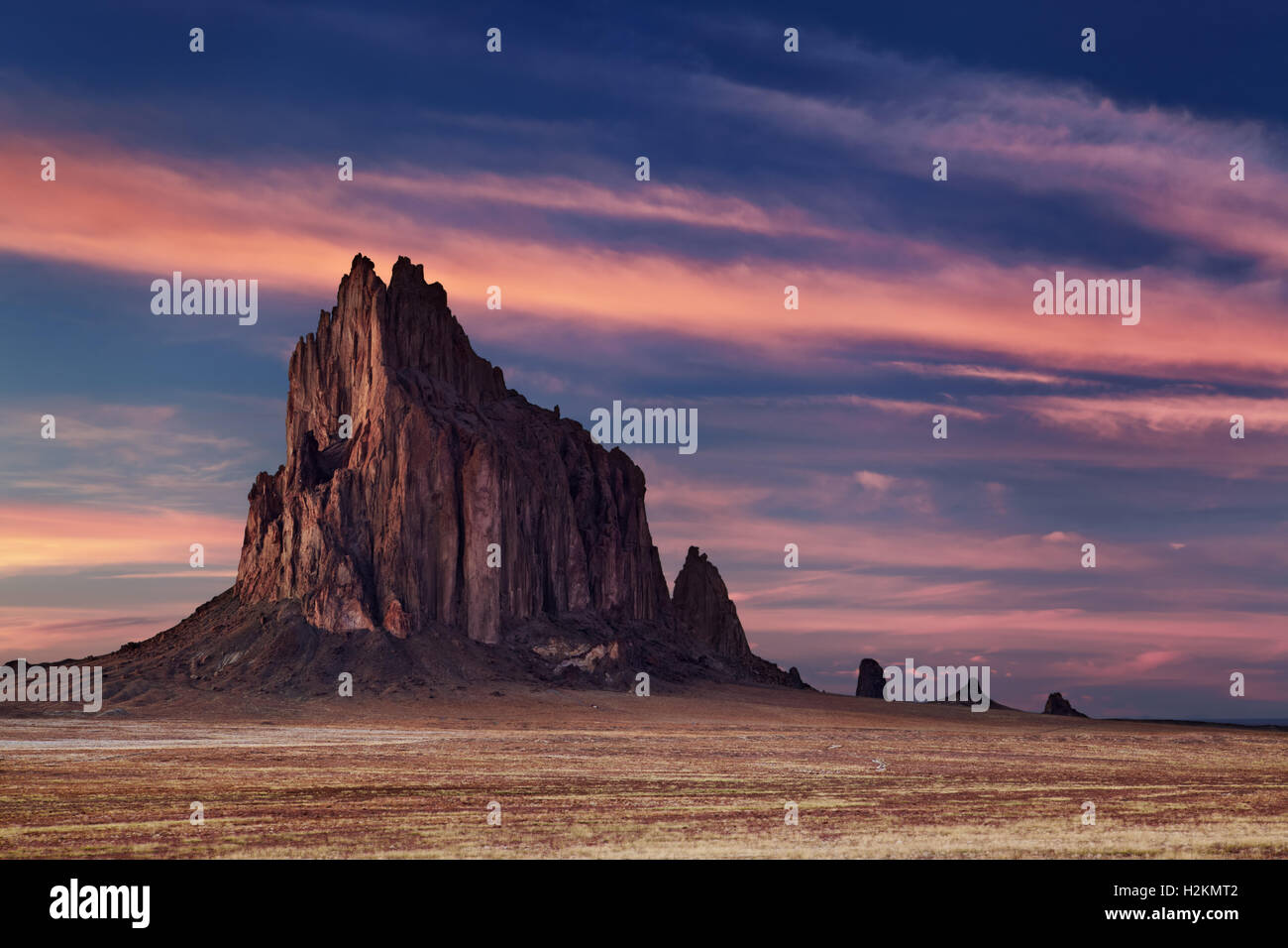 Shiprock, the great volcanic rock mountain in desert plane of New