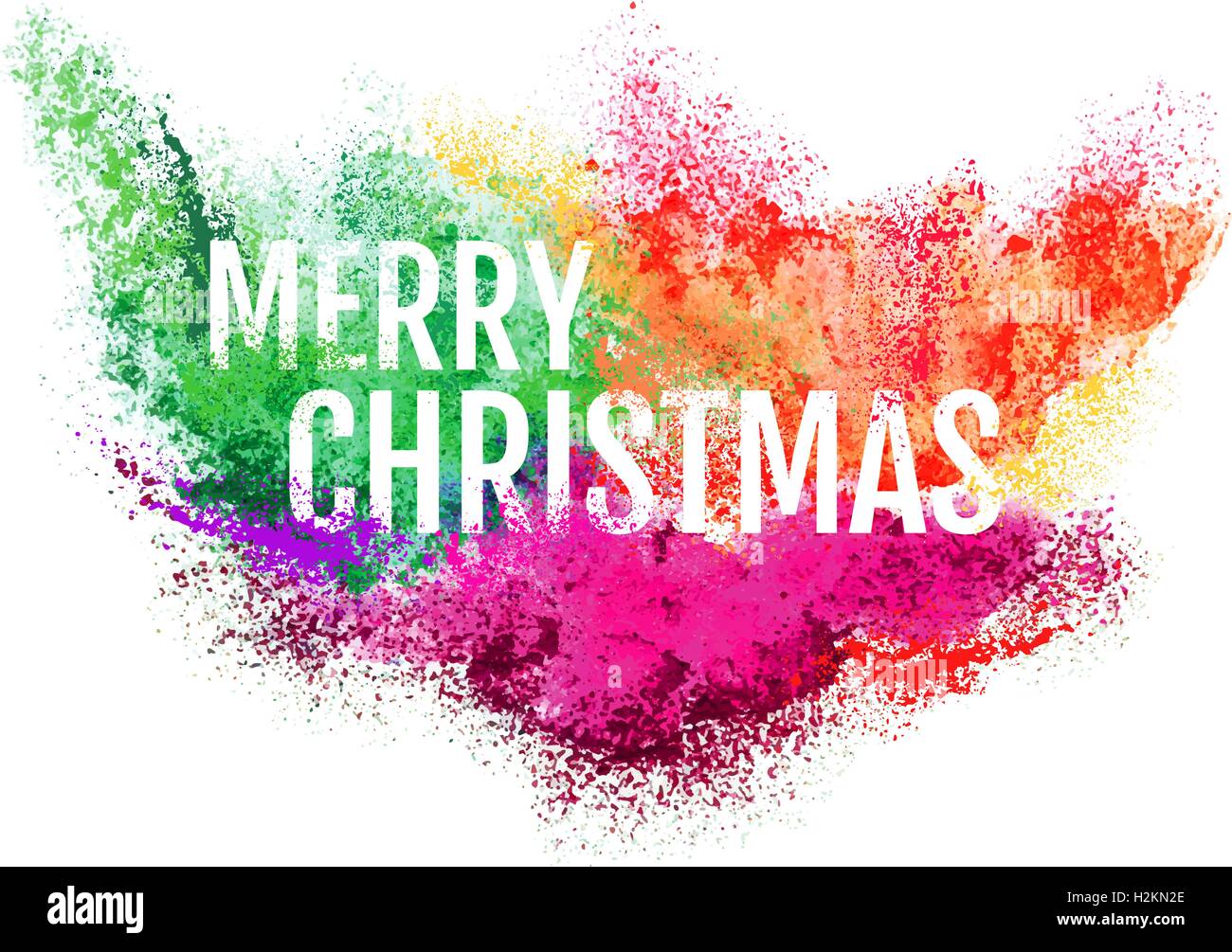 Merry Christmas particle explosion, powder paint cloud, vector over white background Stock Vector
