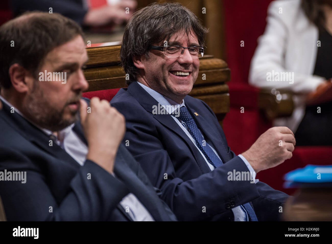 September 29, 2016 - Barcelona, Catalonia, Spain - ORIOL JUNQUERAS, Vice-President of the Catalan Government, and CARLES PUIGDEMONT, President of the Catalan Government, during the plenary session for a motion of confidence at the Catalan parliament (Credit Image: © Matthias Oesterle via ZUMA Wire) Stock Photo