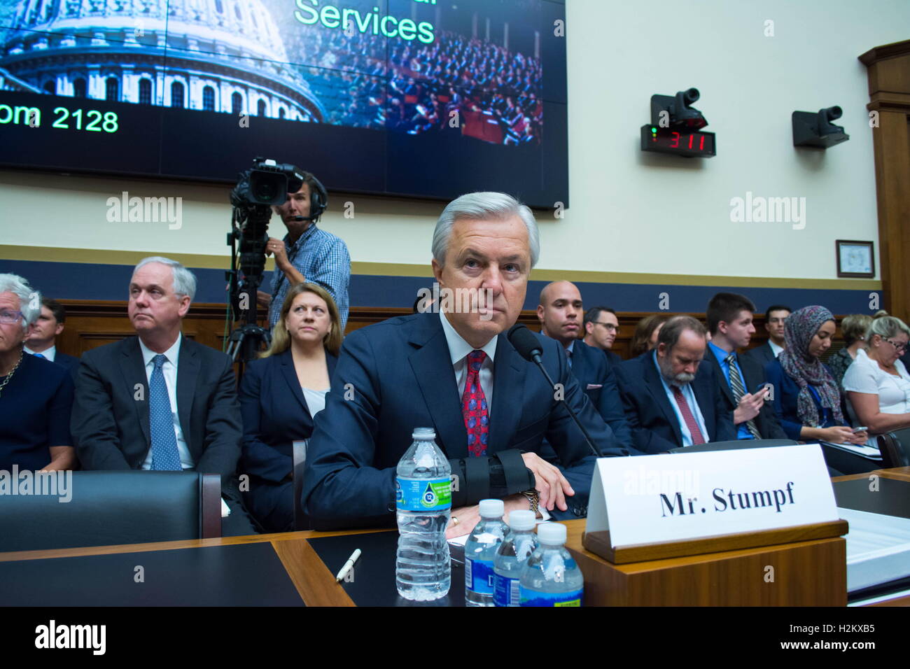 Washington, District of Columbia, USA. 29th Sep, 2016. Wells Fargo CEO JOHN STUMPF testifies before the House Financial Services Committee on Capitol Hill. Stumpf, CEO since 2007, is asked questions about how a scandal of this size, as many as 2 million fake accounts and 5,300 fired workers, was allowed to happen for so long. Credit:  Dimitrios Manis/ZUMA Wire/ZUMAPRESS.com/Alamy Live News Stock Photo