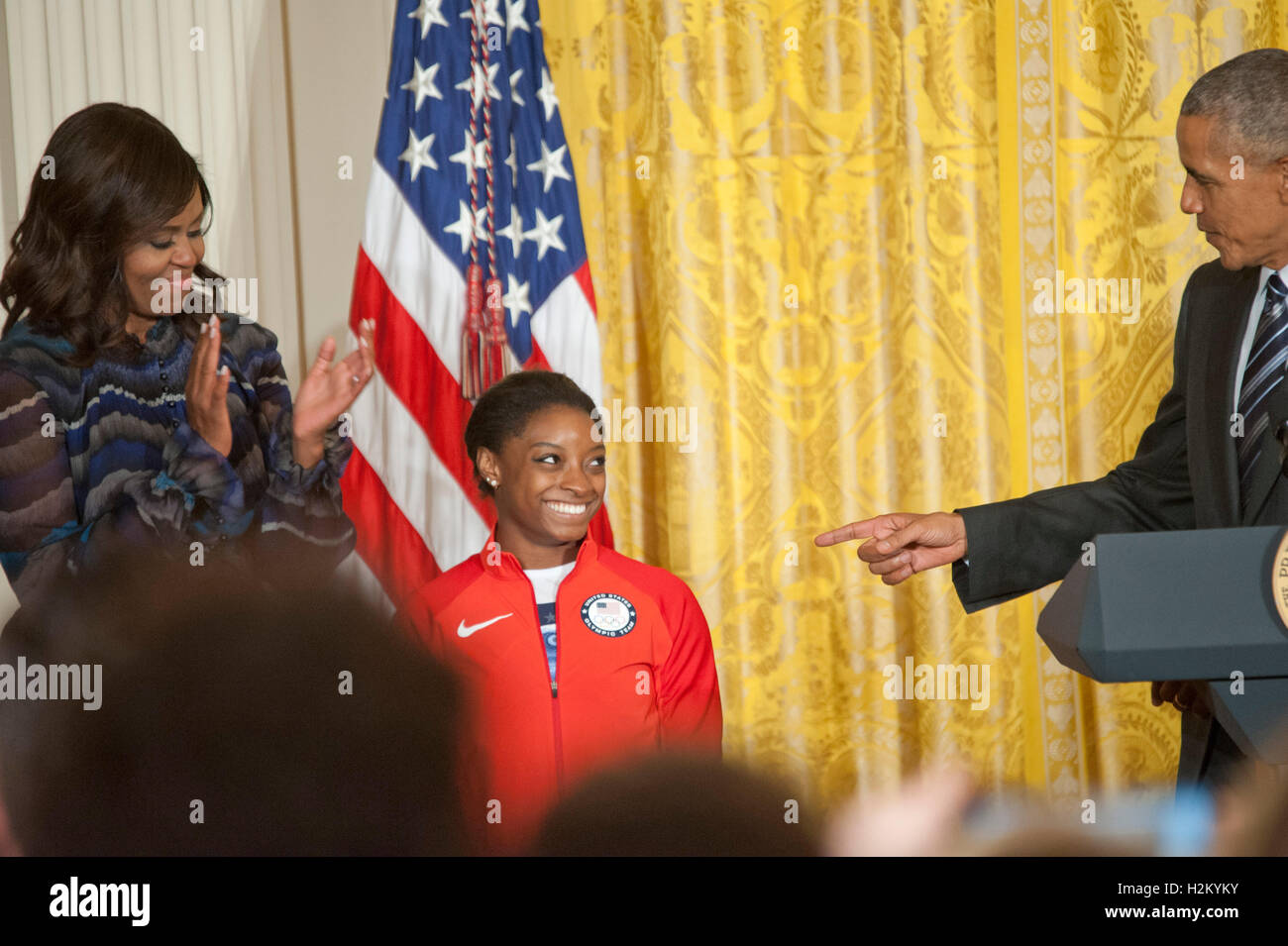 Washington DC, USA. 29th September, 2016.  Olympic Gold Medalist Simone Biles gets a  shout out from President Barack Obama as he welcomes the 2016 Summer Olympic Team to the White House.  Patsy Lynch/Alamy Credit:  Patsy Lynch/Alamy Live News Stock Photo