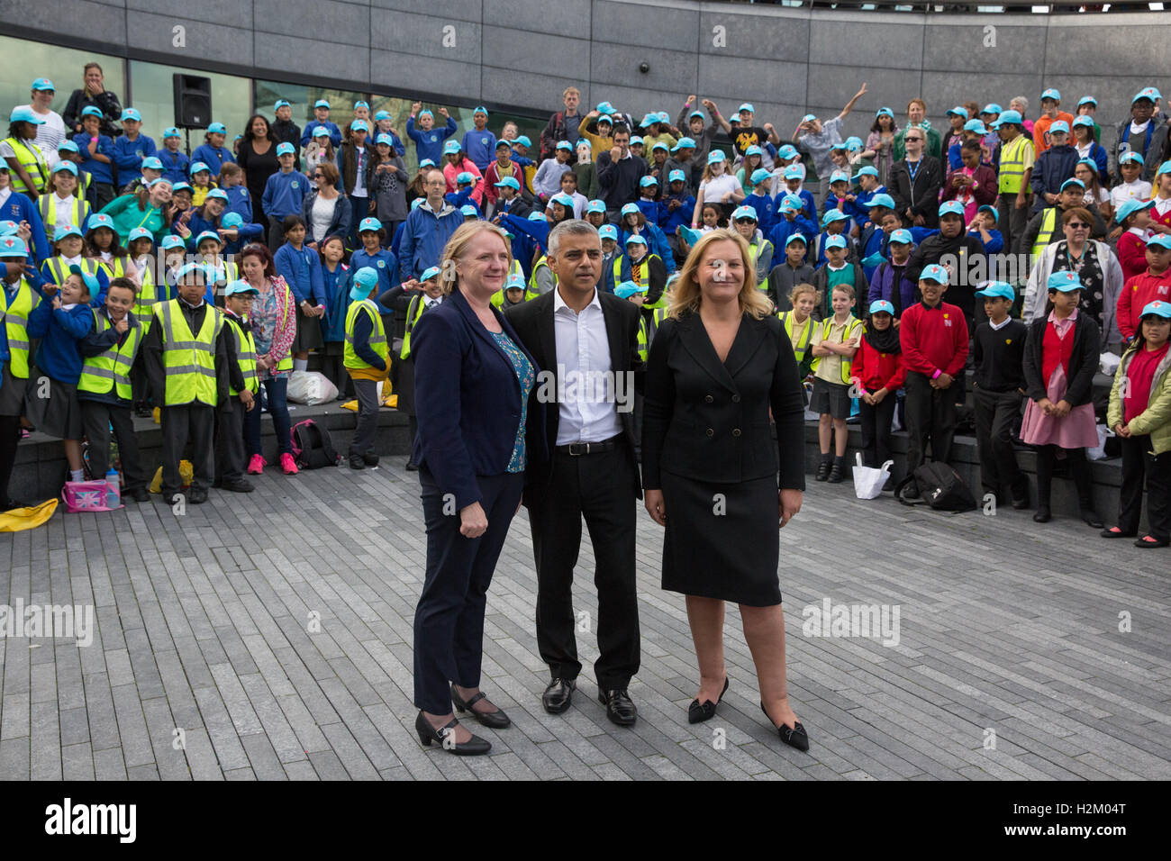 London, UK. 29th Sep, 2016. The Mayor of London, Sadiq Khan, launches the new London Curriculum for primary schools at the London Curriculum Festival at the Scoop, accompanied by Joanne McCartney, Deputy Mayor for Education, and Yelena Baturina, founder of the Be Open Foundation. Credit:  Mark Kerrison/Alamy Live News Stock Photo