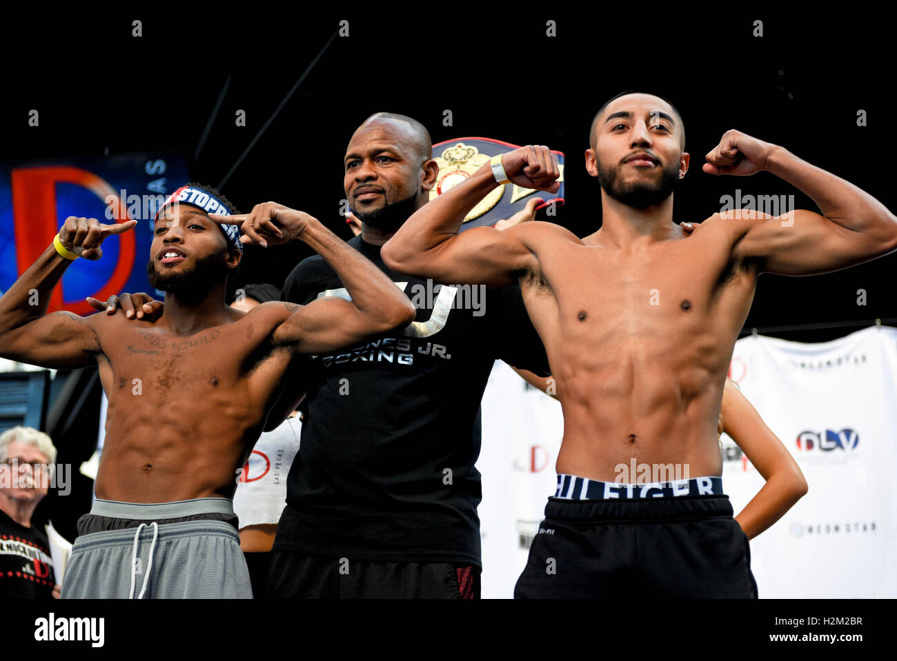 Las Vegas, Nevada, USA. 29th September, 2016.  Bantamweight fighters Stephon 'Show Stopper' Young and Tony Lopez Jr. weigh in for “Knockout Night at the D” series on Friday night, presented by the D Las Vegas and DLVEC and promoted by Roy Jones Jr. Credit:  Ken Howard/Alamy Live News Stock Photo