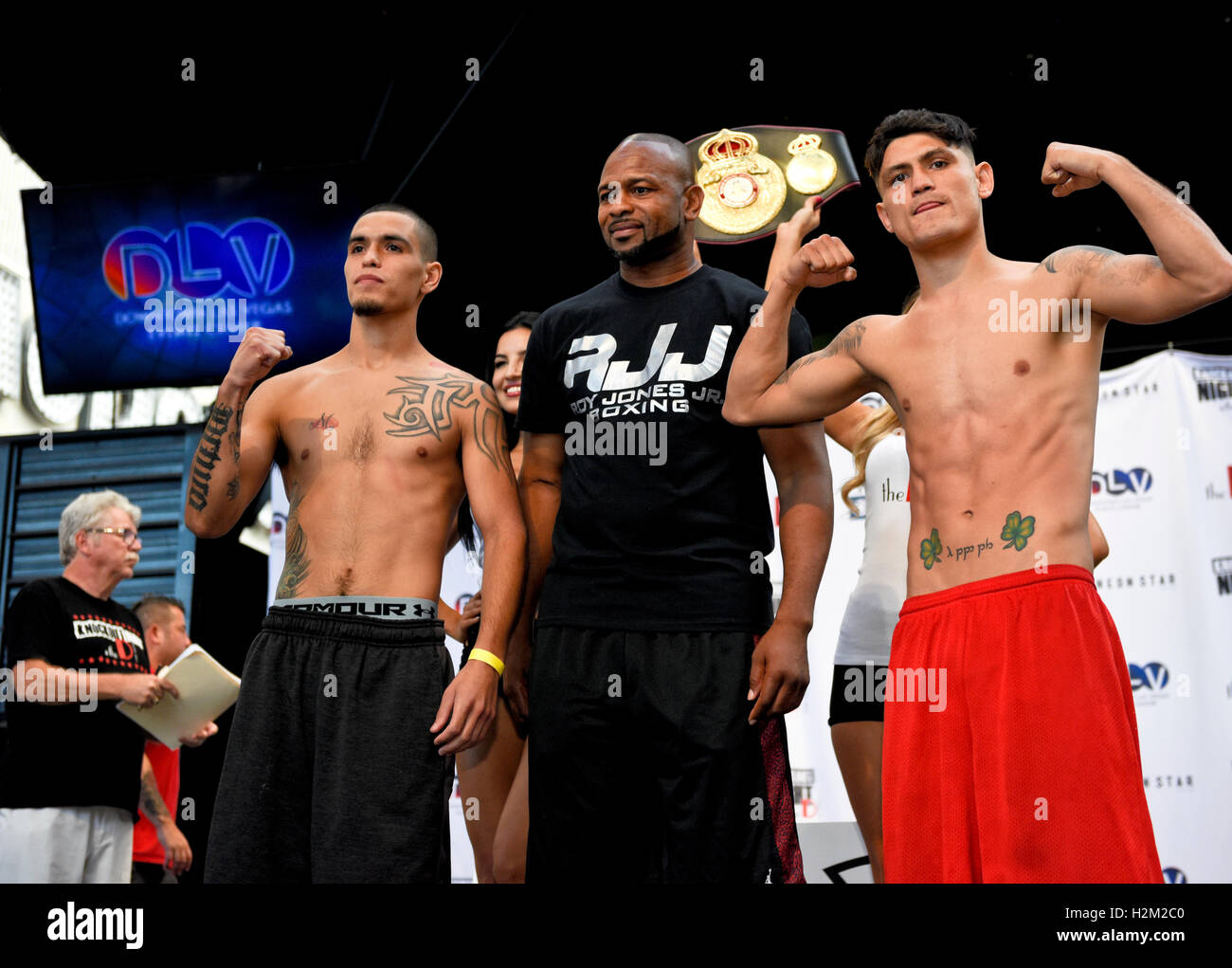 Las Vegas, Nevada, USA. 29th September, 2016.  Junior featherweight fighters Hanzel Martinez and Erik Ruiz weigh in for “Knockout Night at the D” series on Friday night, presented by the D Las Vegas and DLVEC and promoted by Roy Jones Jr. Credit:  Ken Howard/Alamy Live News Stock Photo