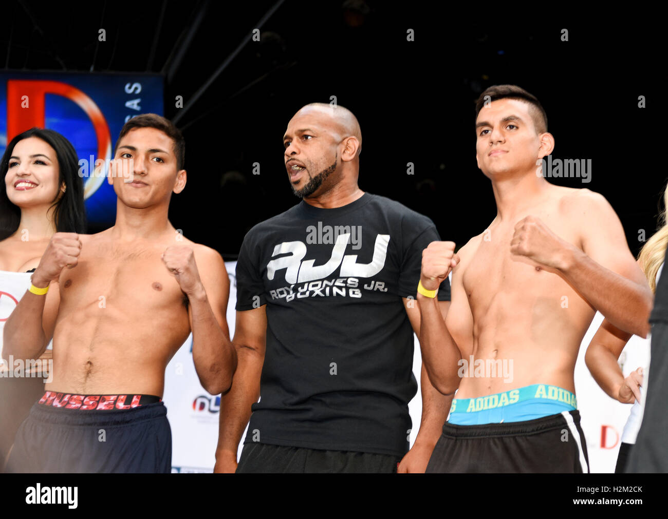 Las Vegas, Nevada, USA. 29th September, 2016.  Junior lightweight fighters Randy Moreno and Fabian Alaniz weigh in for “Knockout Night at the D” series on Friday night, presented by the D Las Vegas and DLVEC and promoted by Roy Jones Jr. Credit:  Ken Howard/Alamy Live News Stock Photo